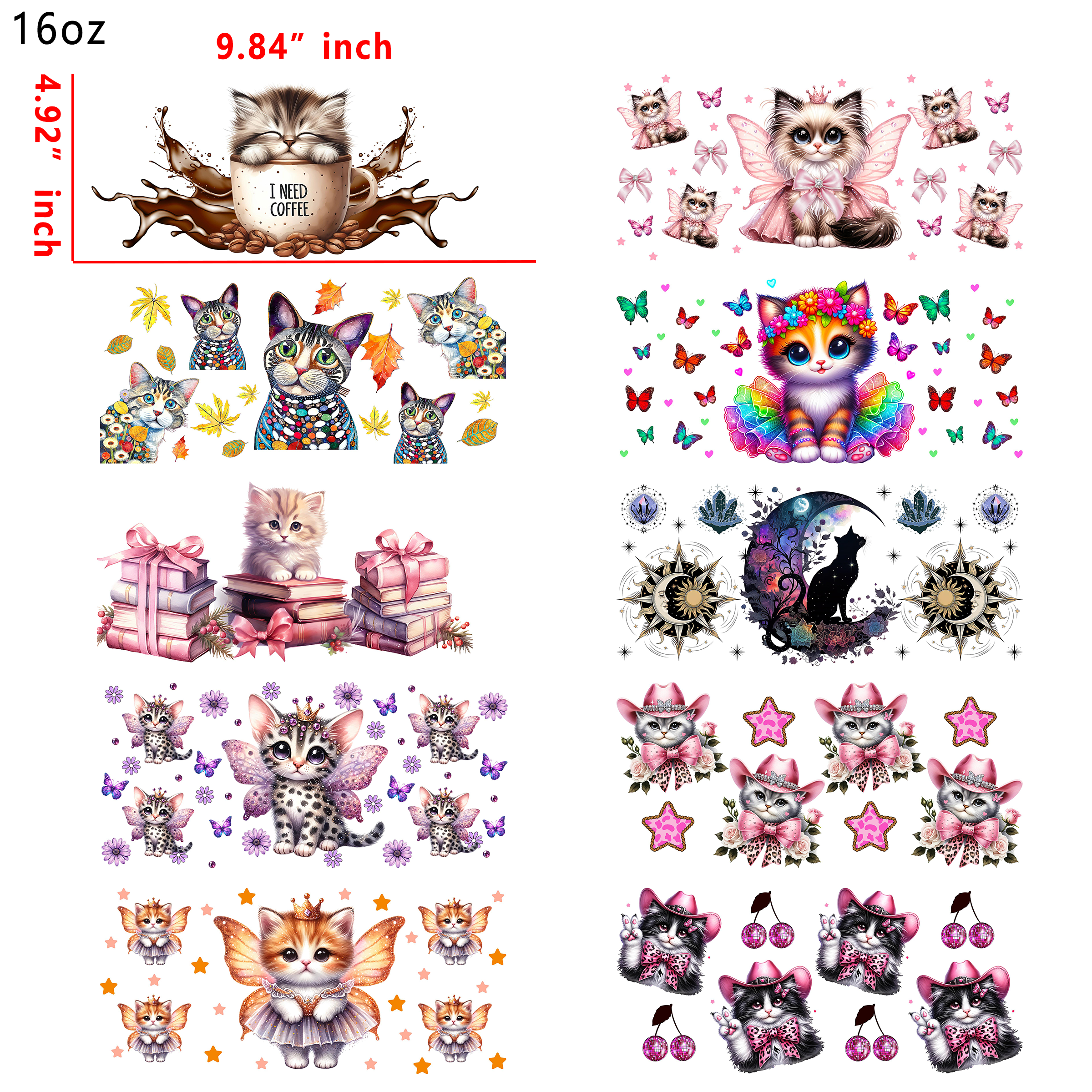 20 PCS Cute Cat Animal  DTF Cup wraps 16OZ tumbler water proof