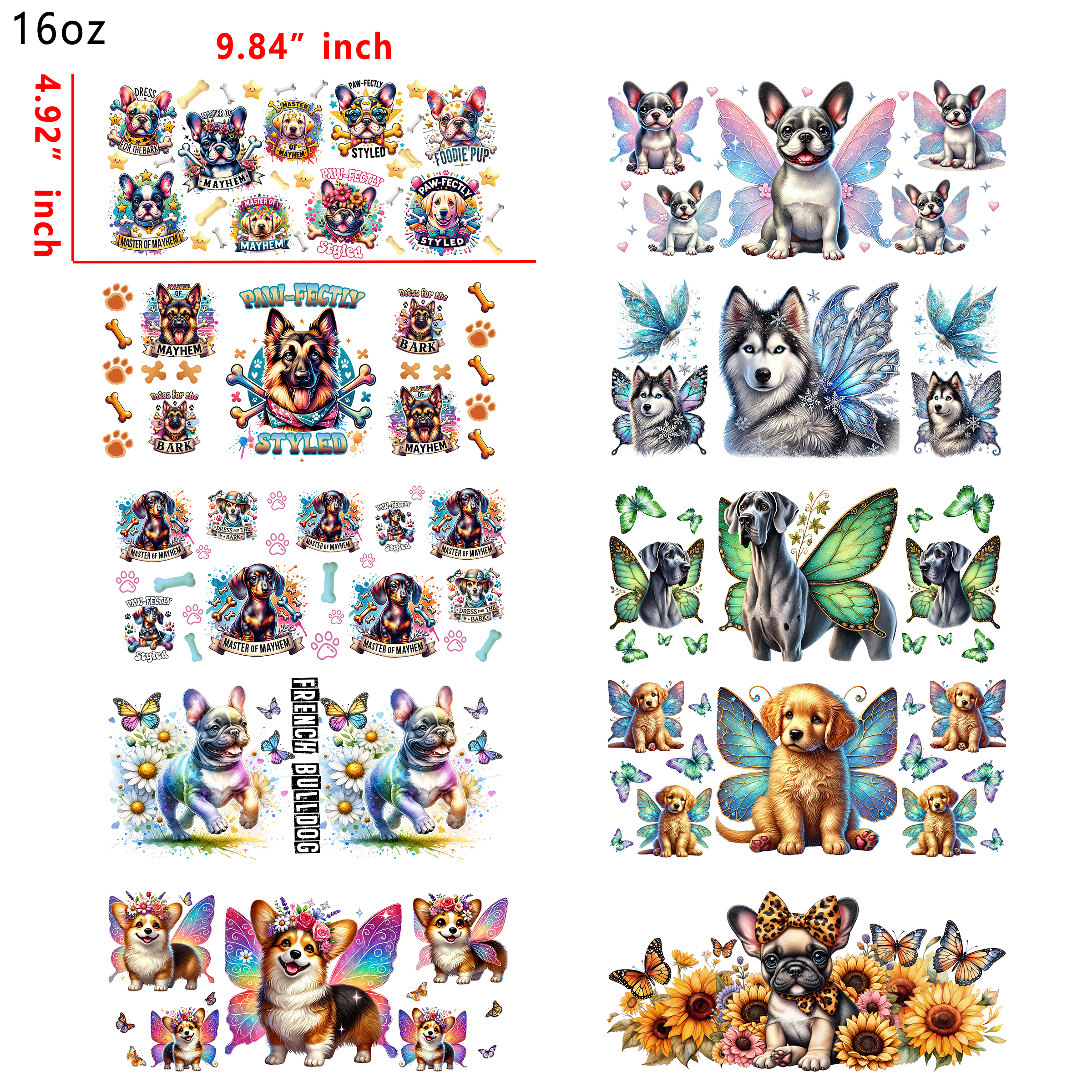 20 PCS Animal Dog Puppy Game DTF Cup wraps 16OZ tumbler water proof