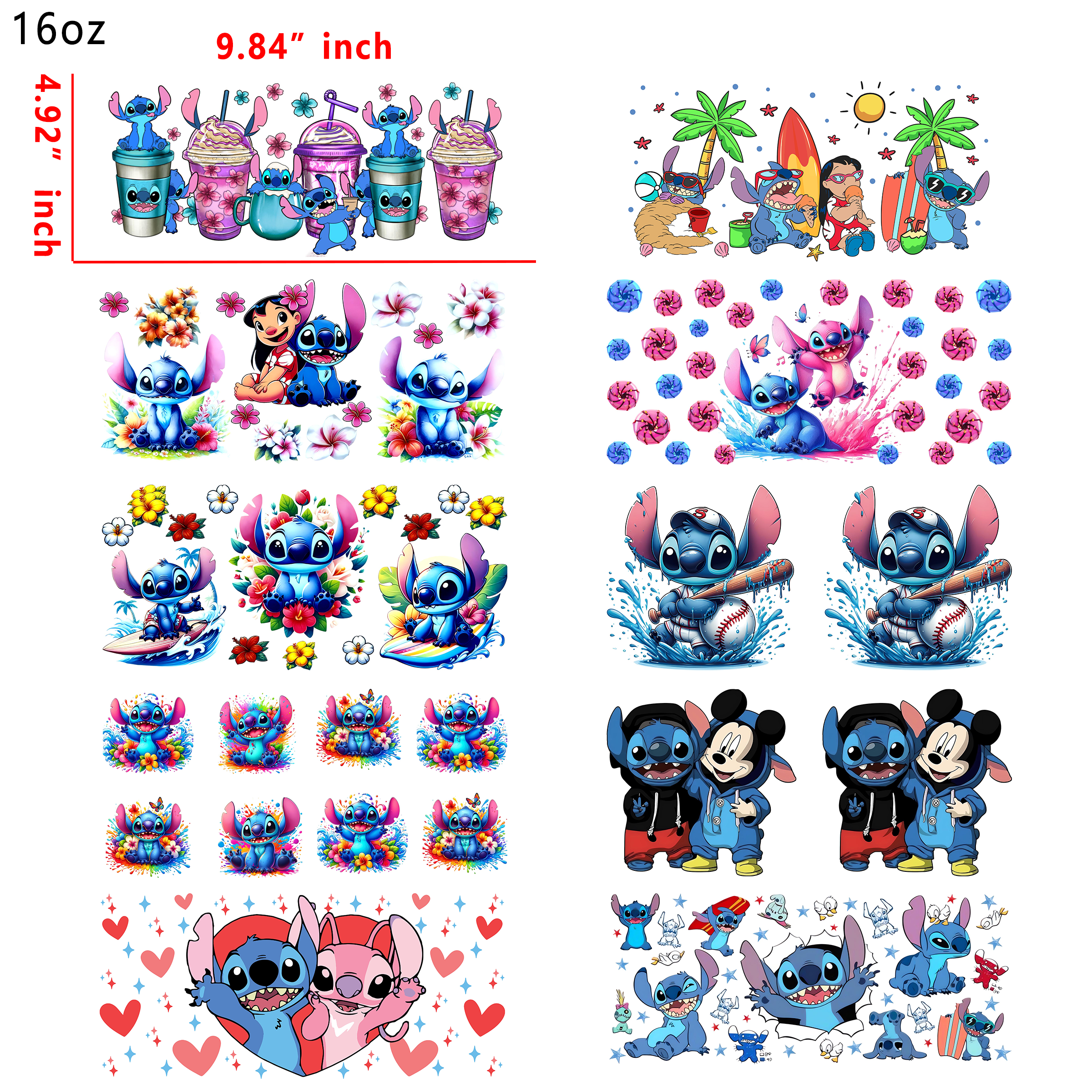 20 PCS Stitch Disney UV DTF Cup wraps 16OZ tumbler water proof