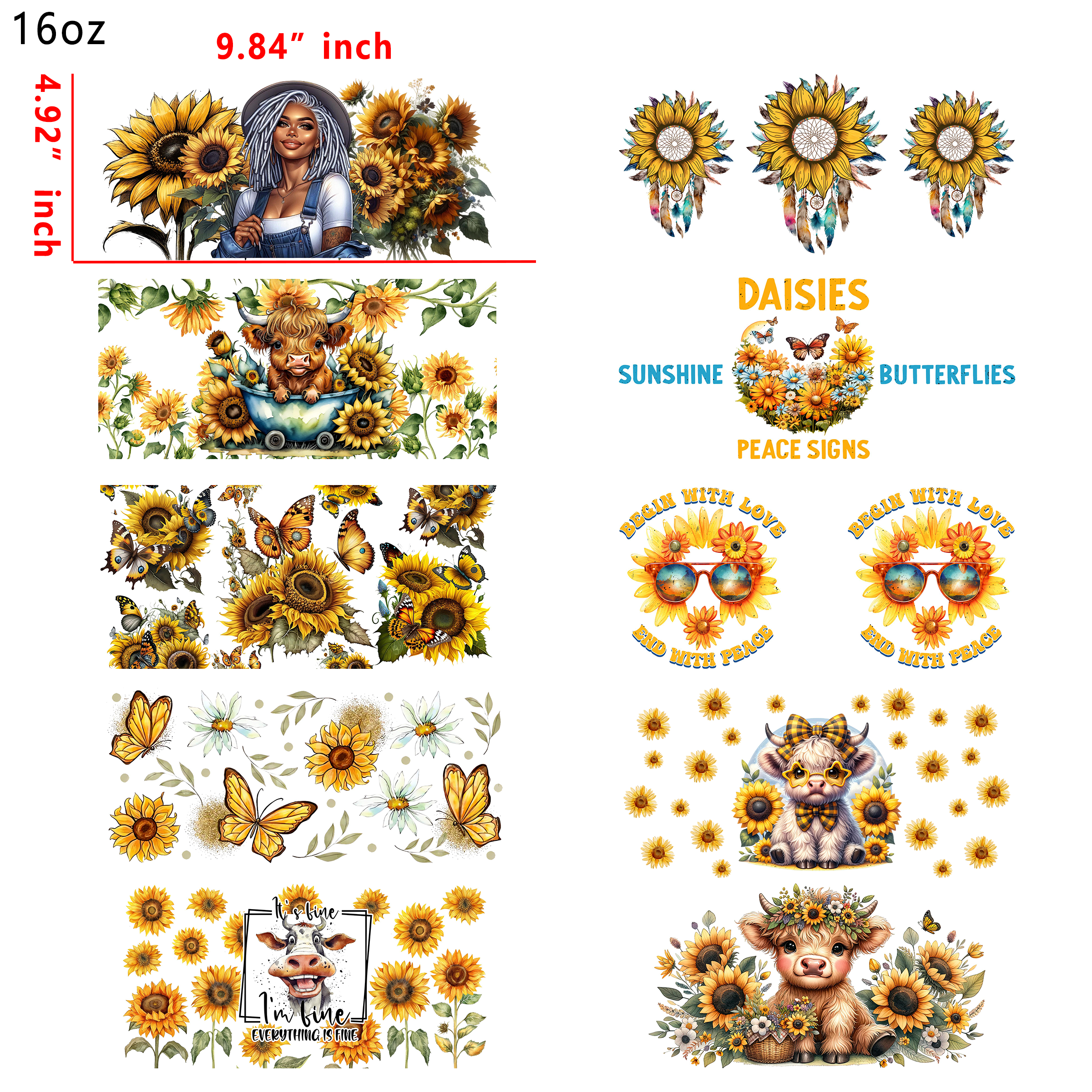 20 PCS Animal Sunflower UV DTF Cup wraps 16OZ tumbler water proof