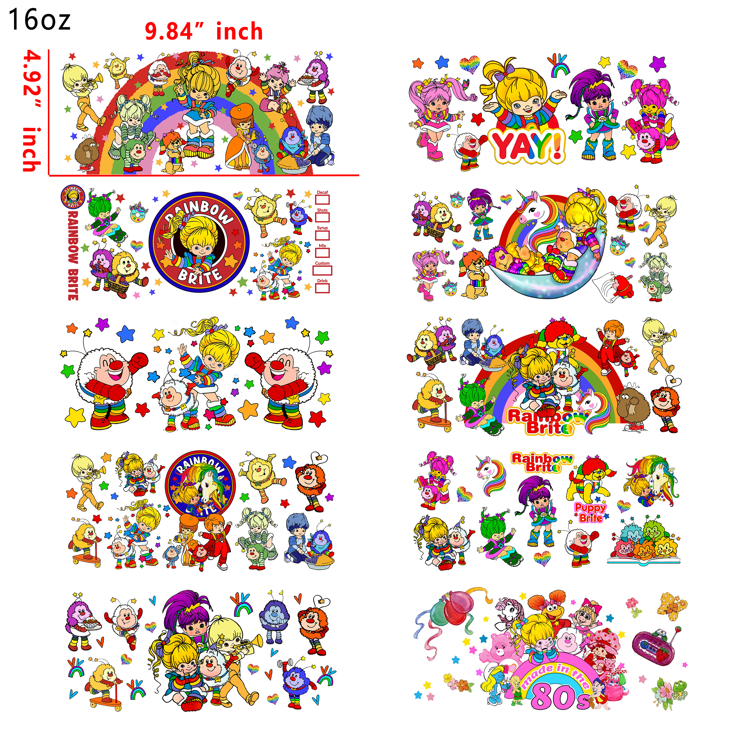 20 PCS Rainbow brite Care bear DTF Cup wraps 16OZ tumbler water proof