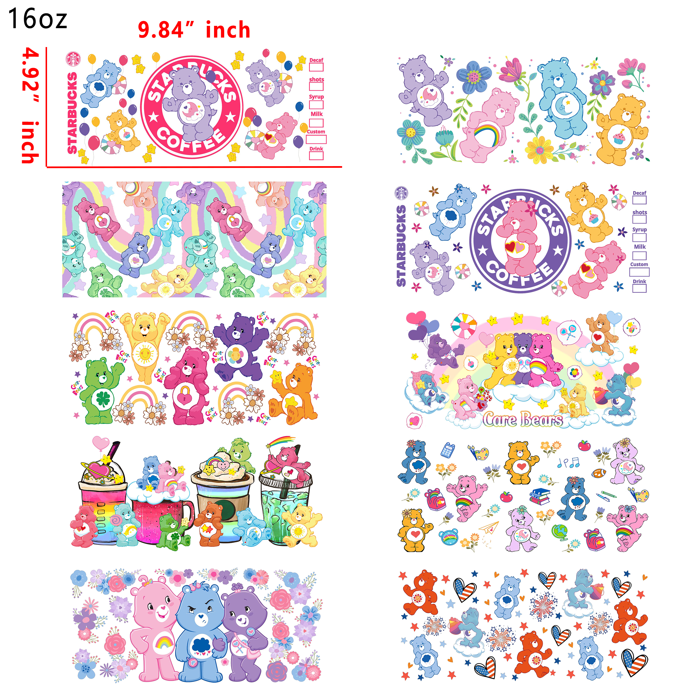 20 PCS Rainbow brite Care bear DTF Cup wraps 16OZ tumbler water proof