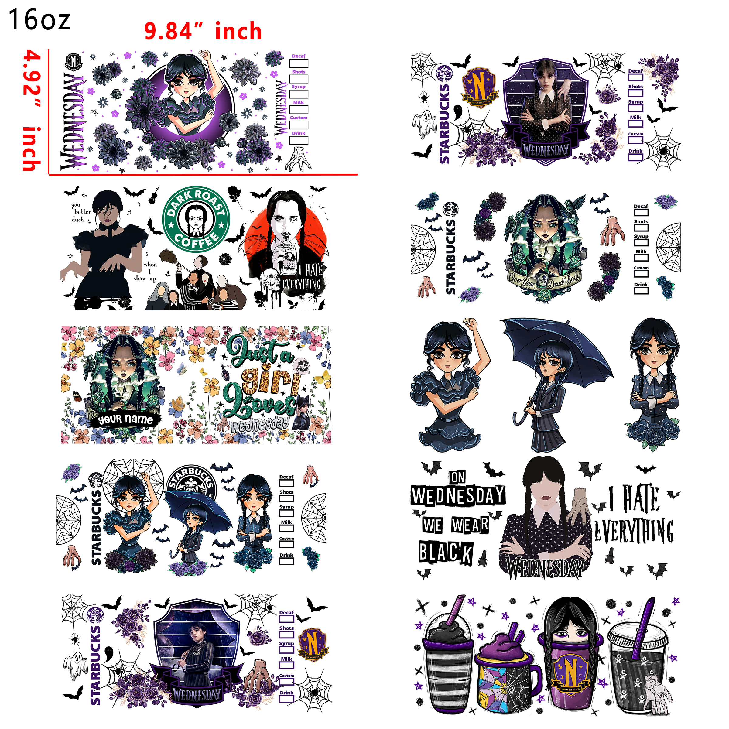 10 PCS Wednesday Movie UV DTF Cup wraps 16OZ tumbler water proof