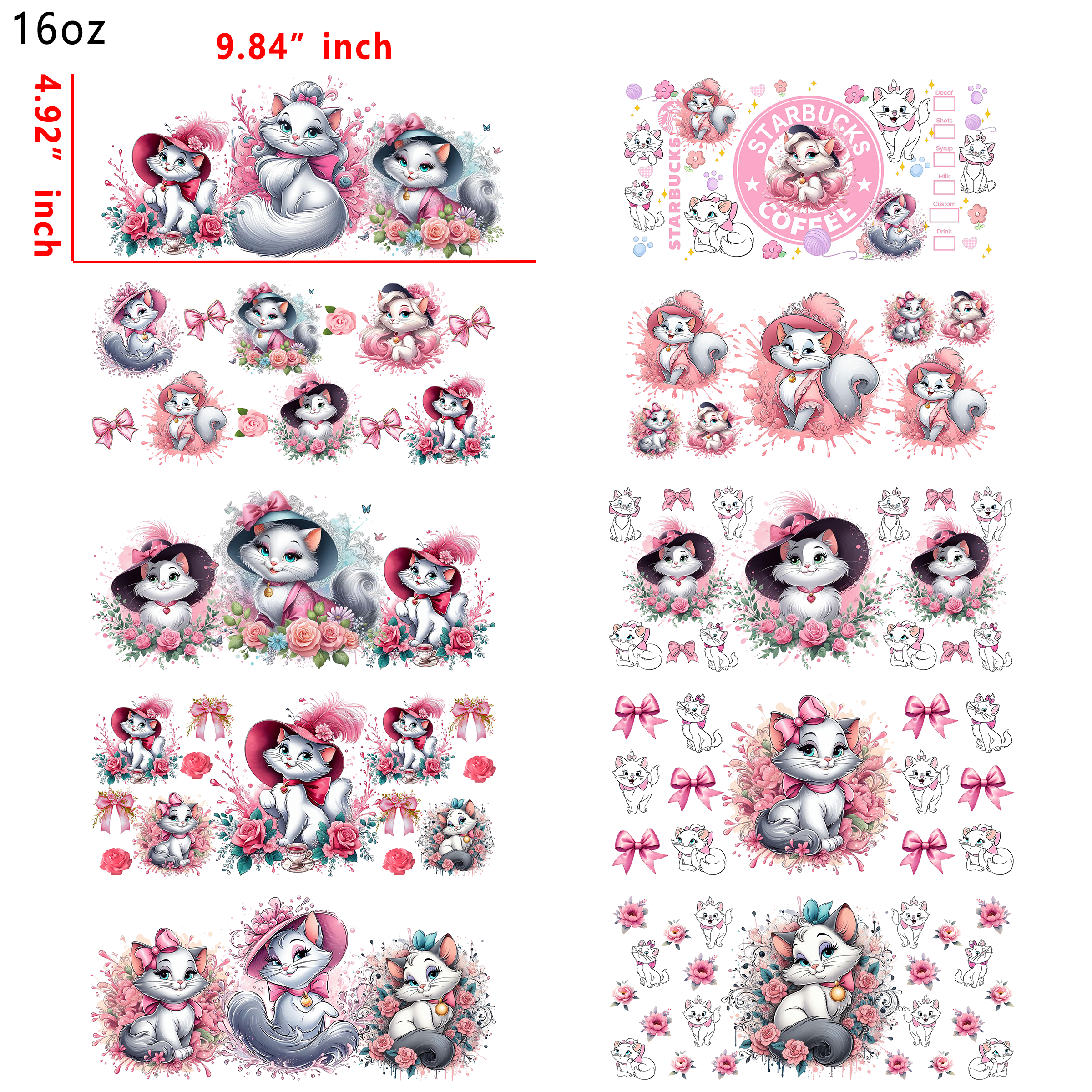 10 PCS Marie Cat Cartoon UV DTF Cup wraps 16OZ tumbler water proof