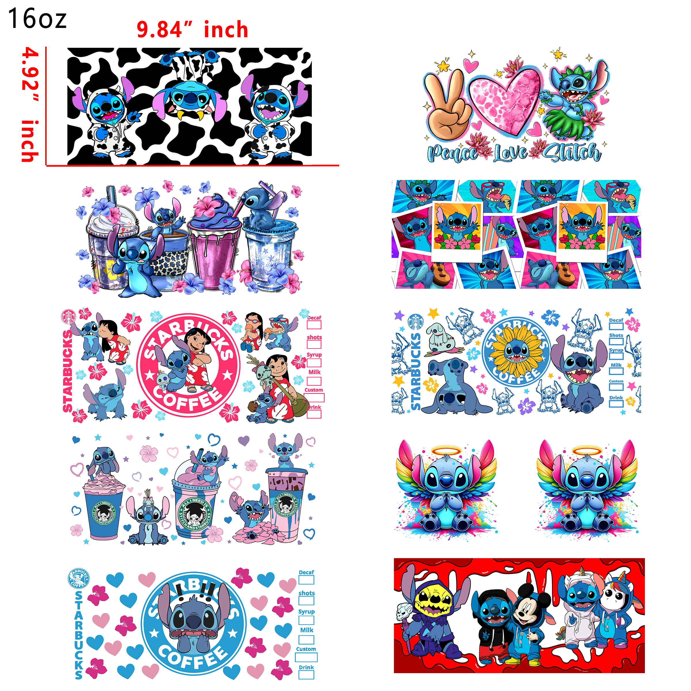 20 PCS Stitch Disney UV DTF Cup wraps 16OZ tumbler water proof