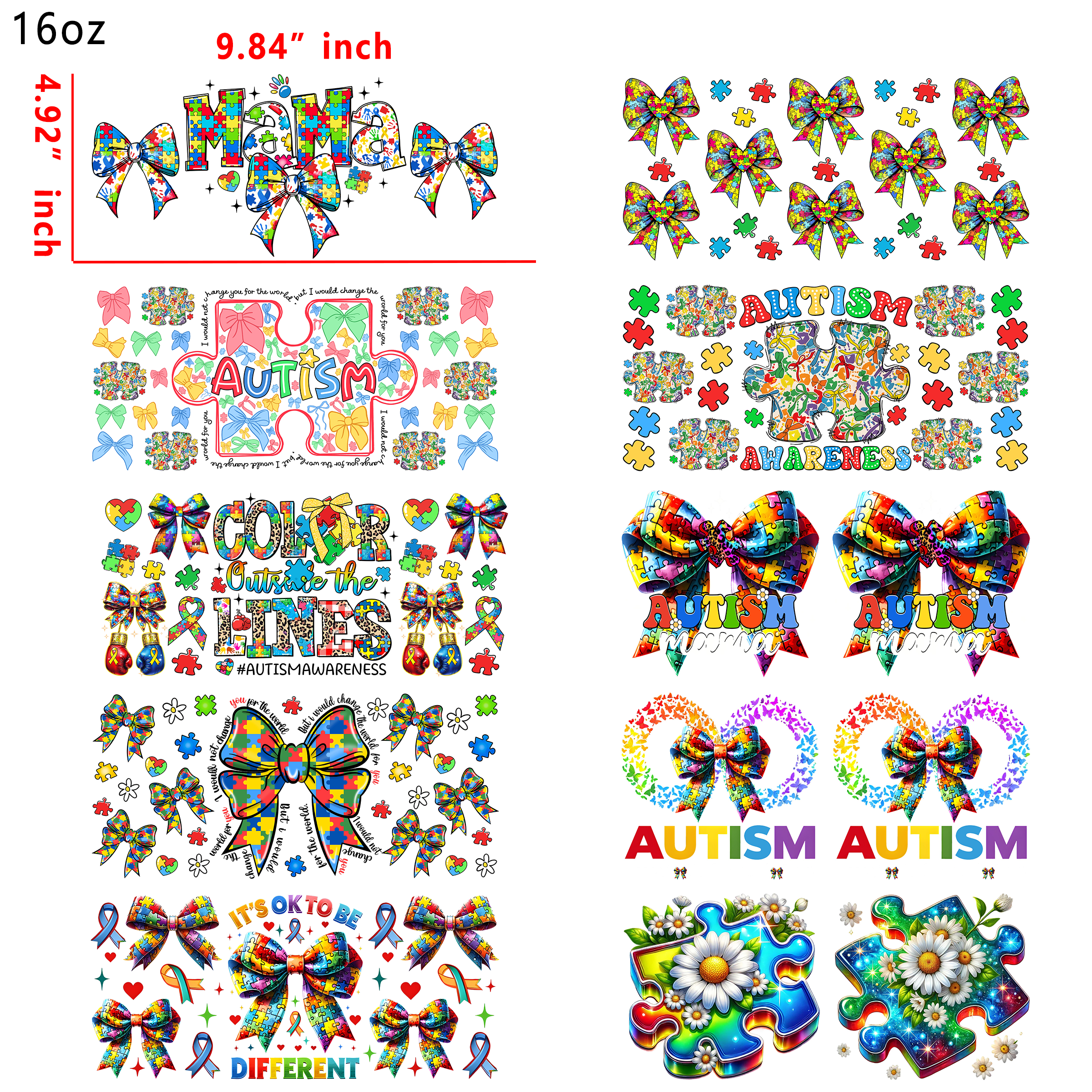 10 PCS Autism Awareness UV DTF Cup wraps 16OZ tumbler water proof