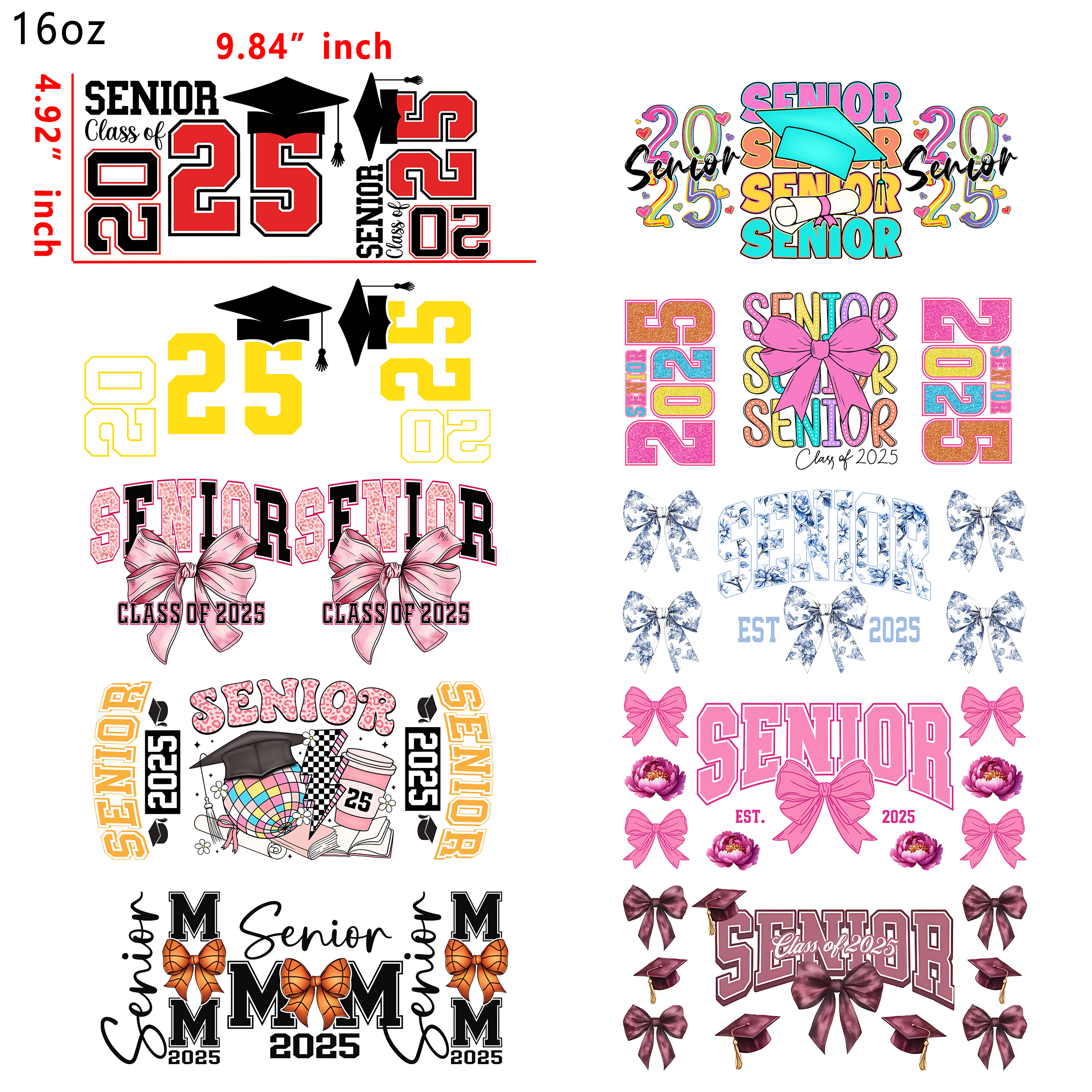 10 PCS Senior Graduation 2025 UV DTF Cup wraps 16OZ tumbler water proof