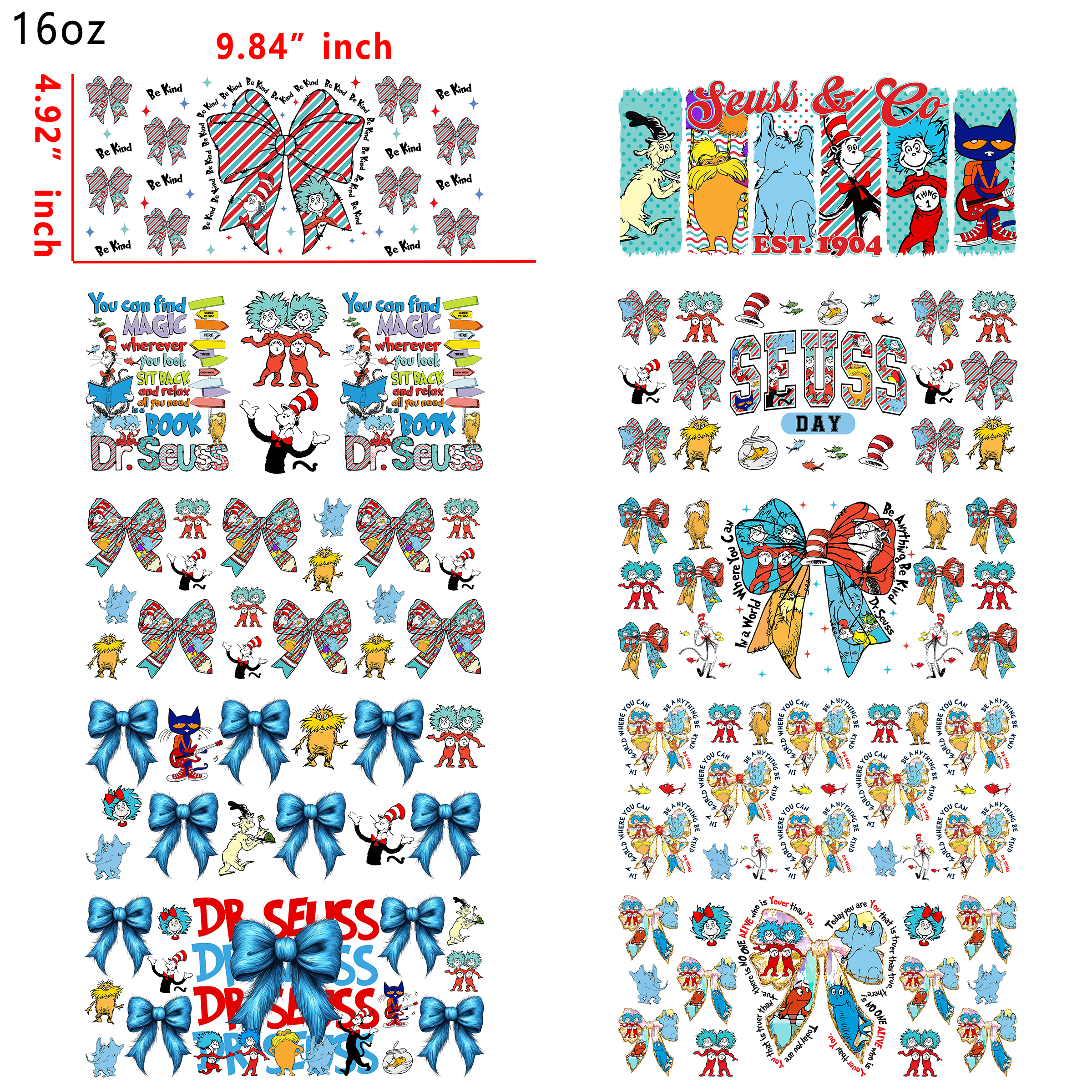10 PCS Dr.suess Bow UV DTF Cup wraps 16OZ tumbler water proof