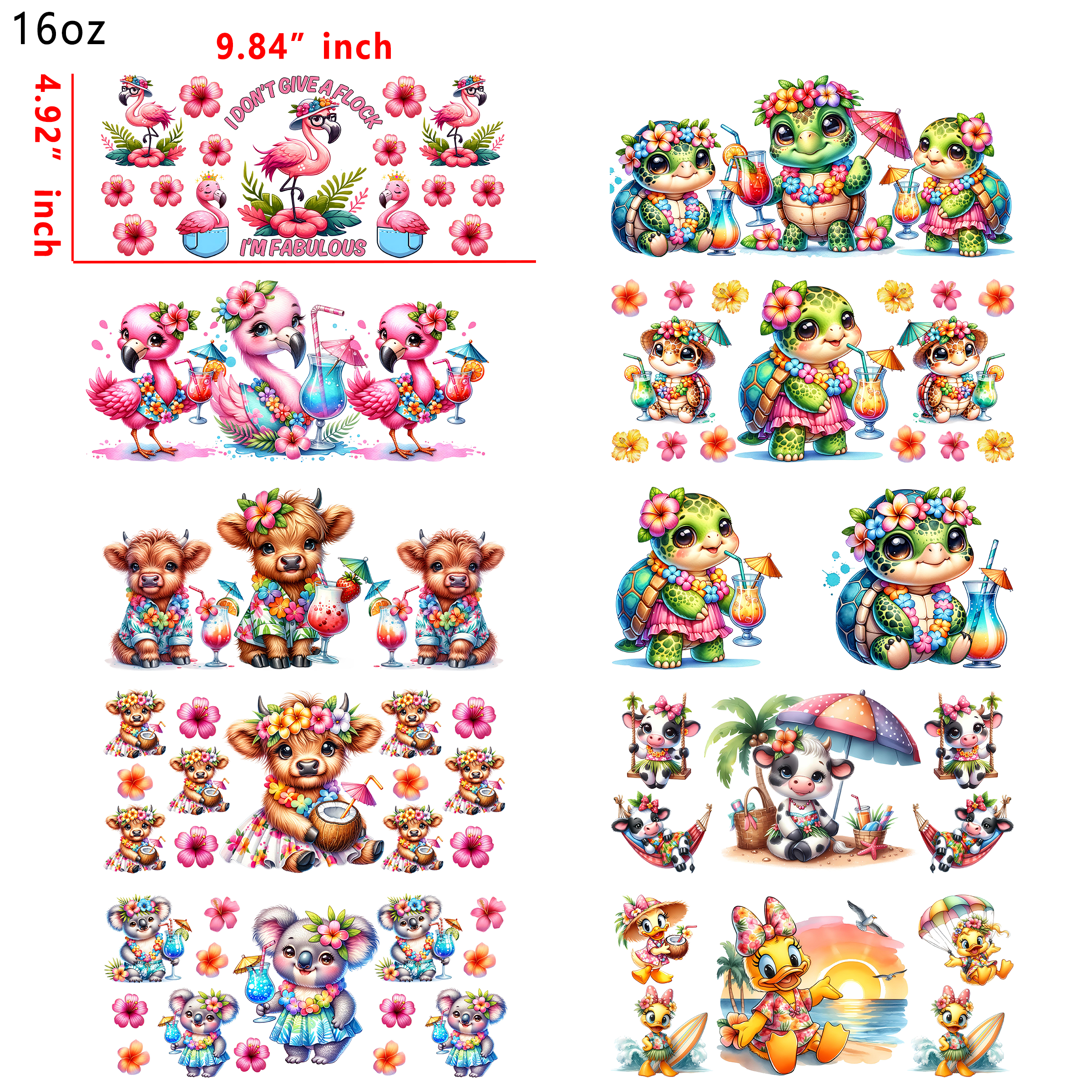 10 PCS Summer Animal UV DTF Cup wraps 16OZ tumbler water proof