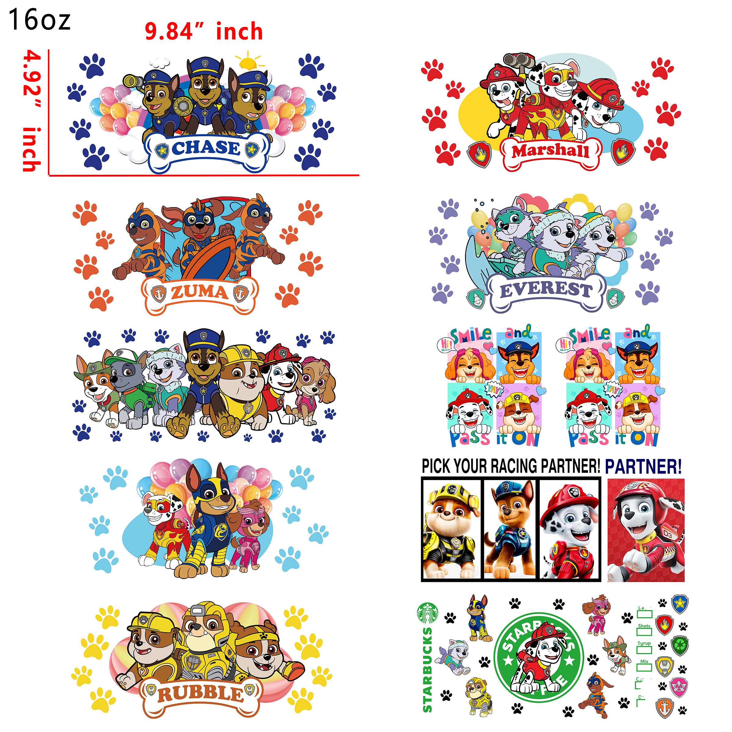 10 PCS Paw Patrol Cartoon UV DTF Cup wraps 16OZ tumbler water proof