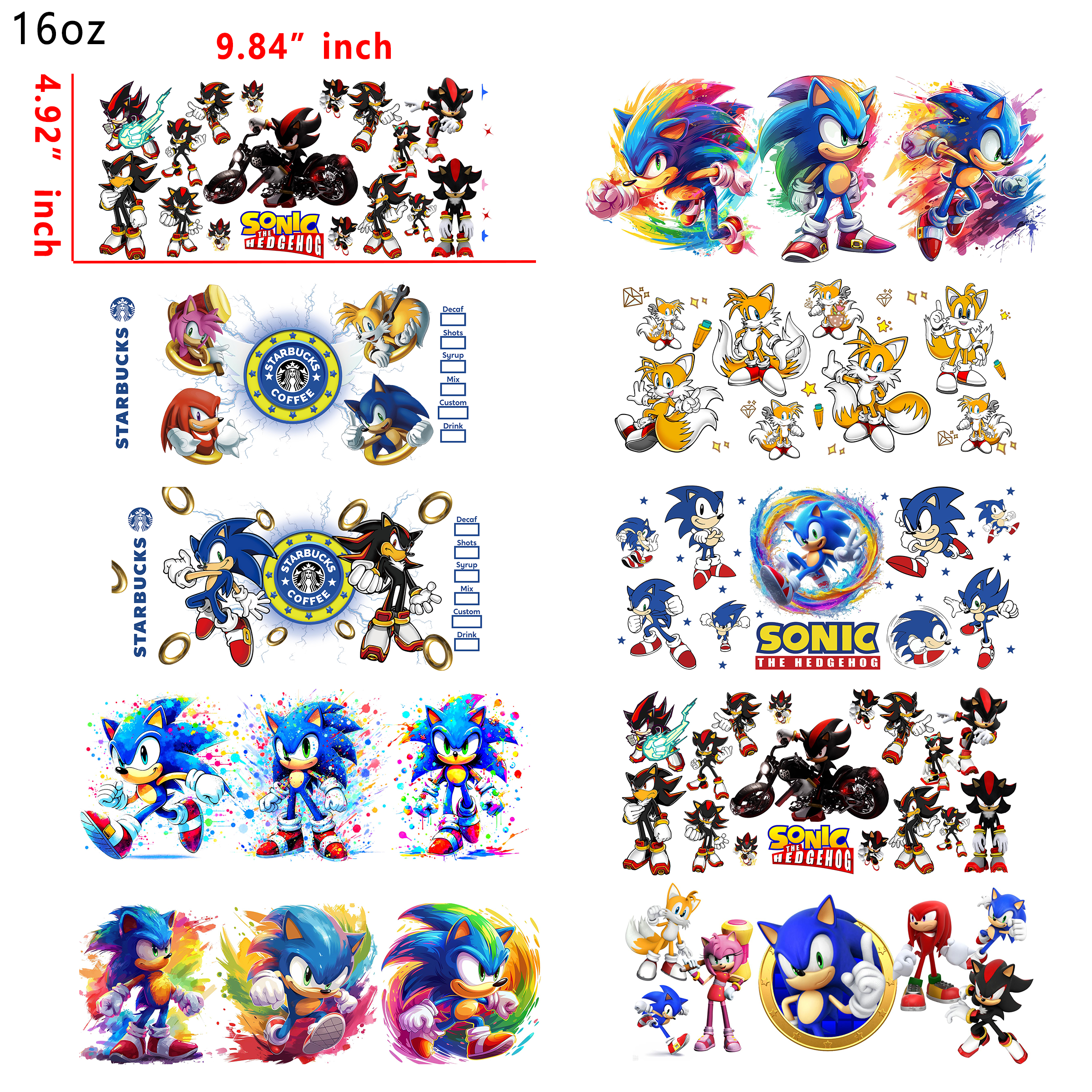 10 PCS Sonic Game UV DTF Cup wraps 16OZ tumbler water proof