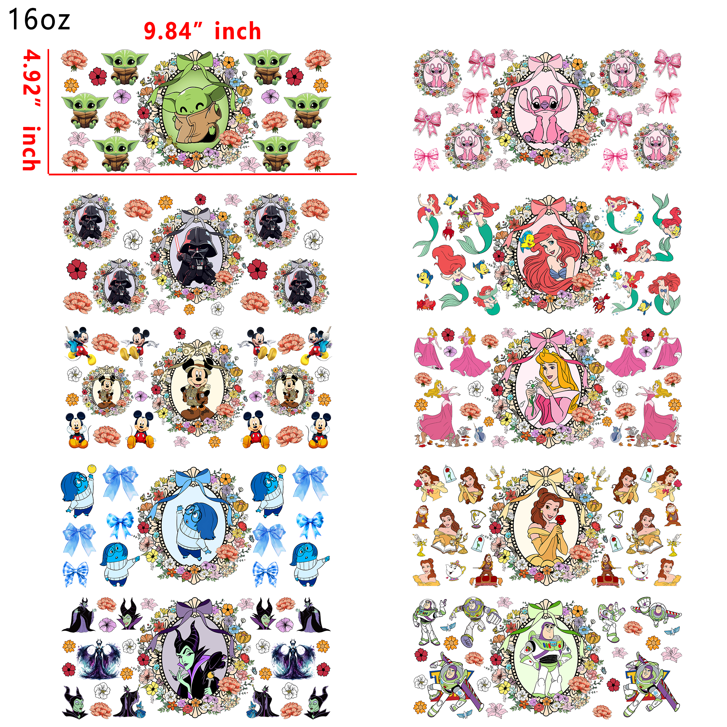 20 PCS Disney Princess Mixed UV DTF Cup wraps 16OZ tumbler water proof