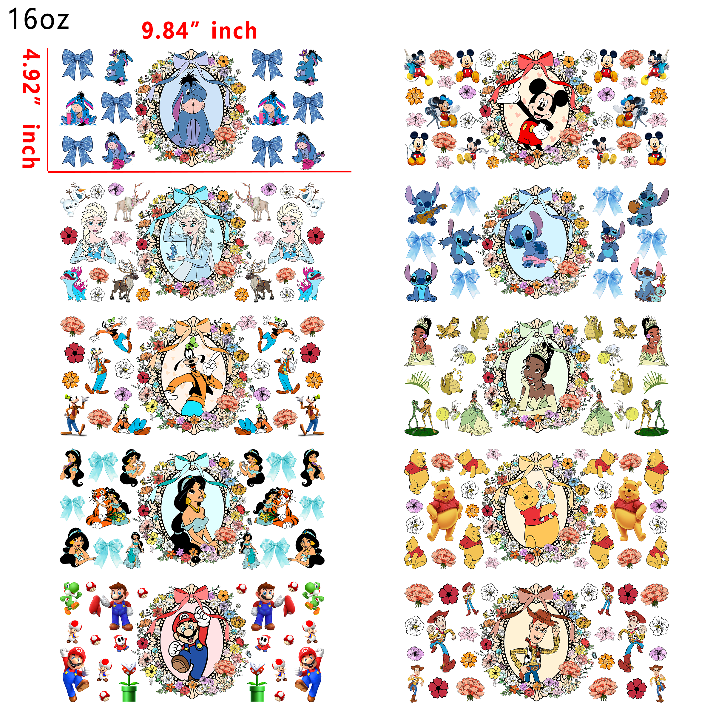 20 PCS Disney Princess Mixed UV DTF Cup wraps 16OZ tumbler water proof