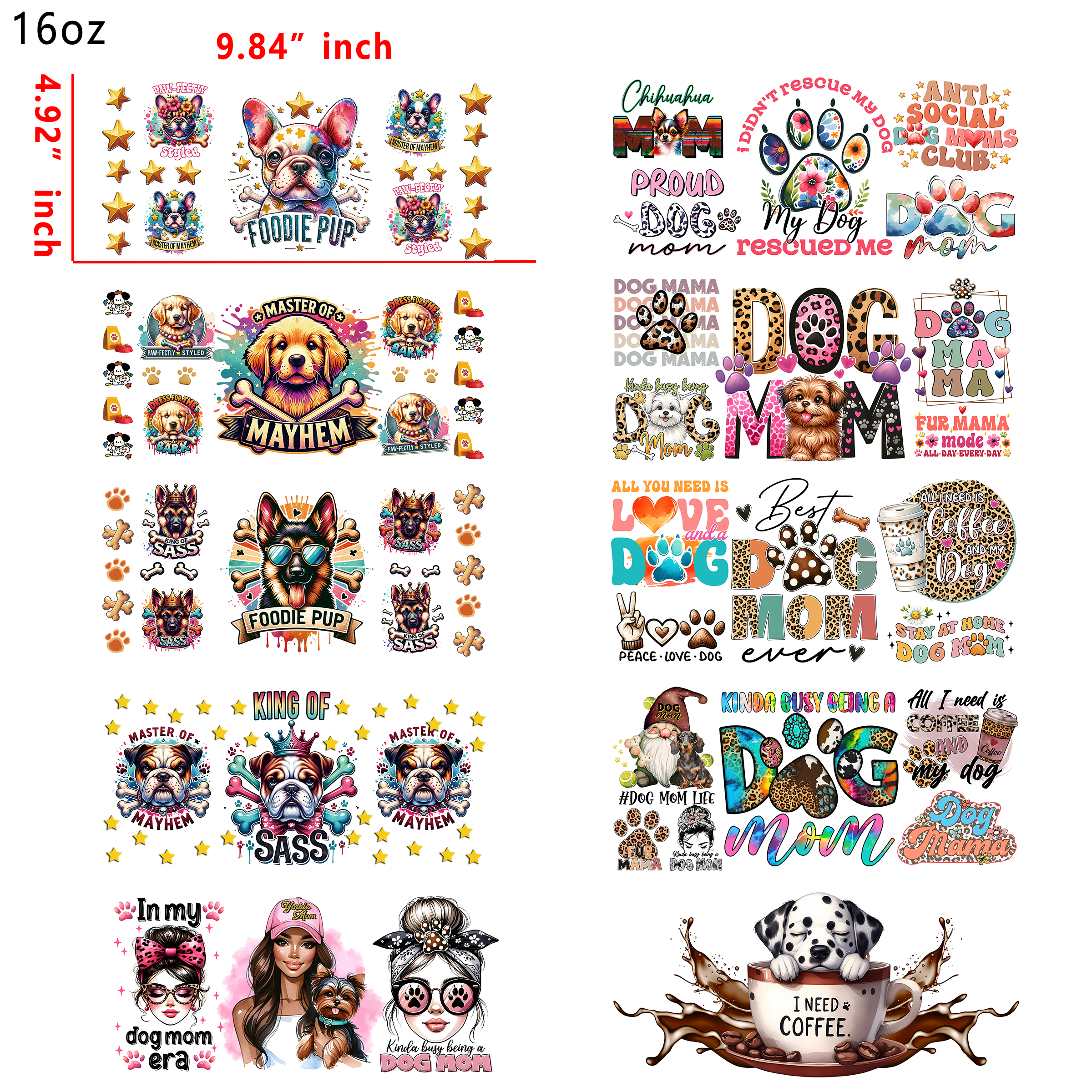 20 PCS Dog Mom Mama UV DTF Cup wraps 16OZ tumbler water proof