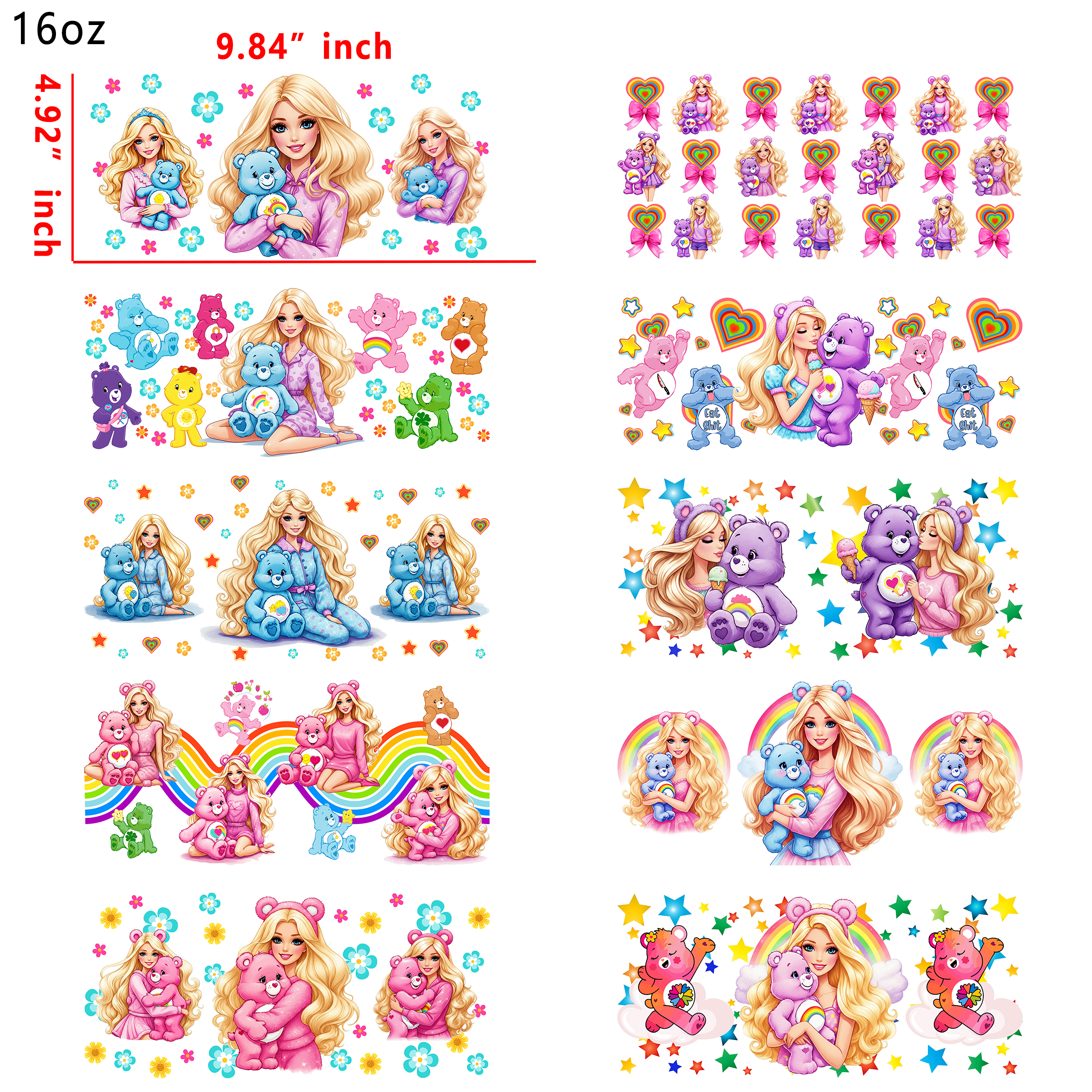 20 PCS Carebear Girls Cartoon UV DTF Cup wraps 16OZ tumbler water proof