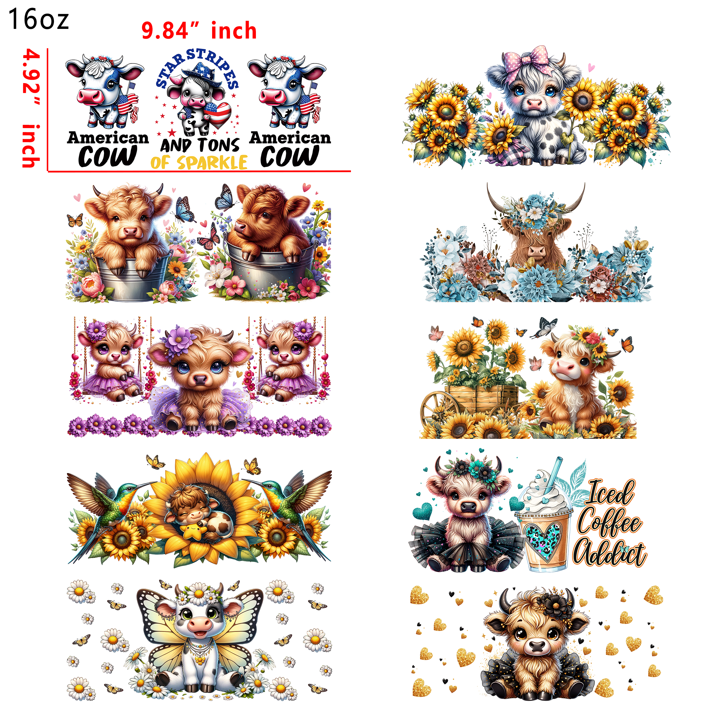 20 PCS Flower Cow Animal UV DTF Cup wraps 16OZ tumbler water proof