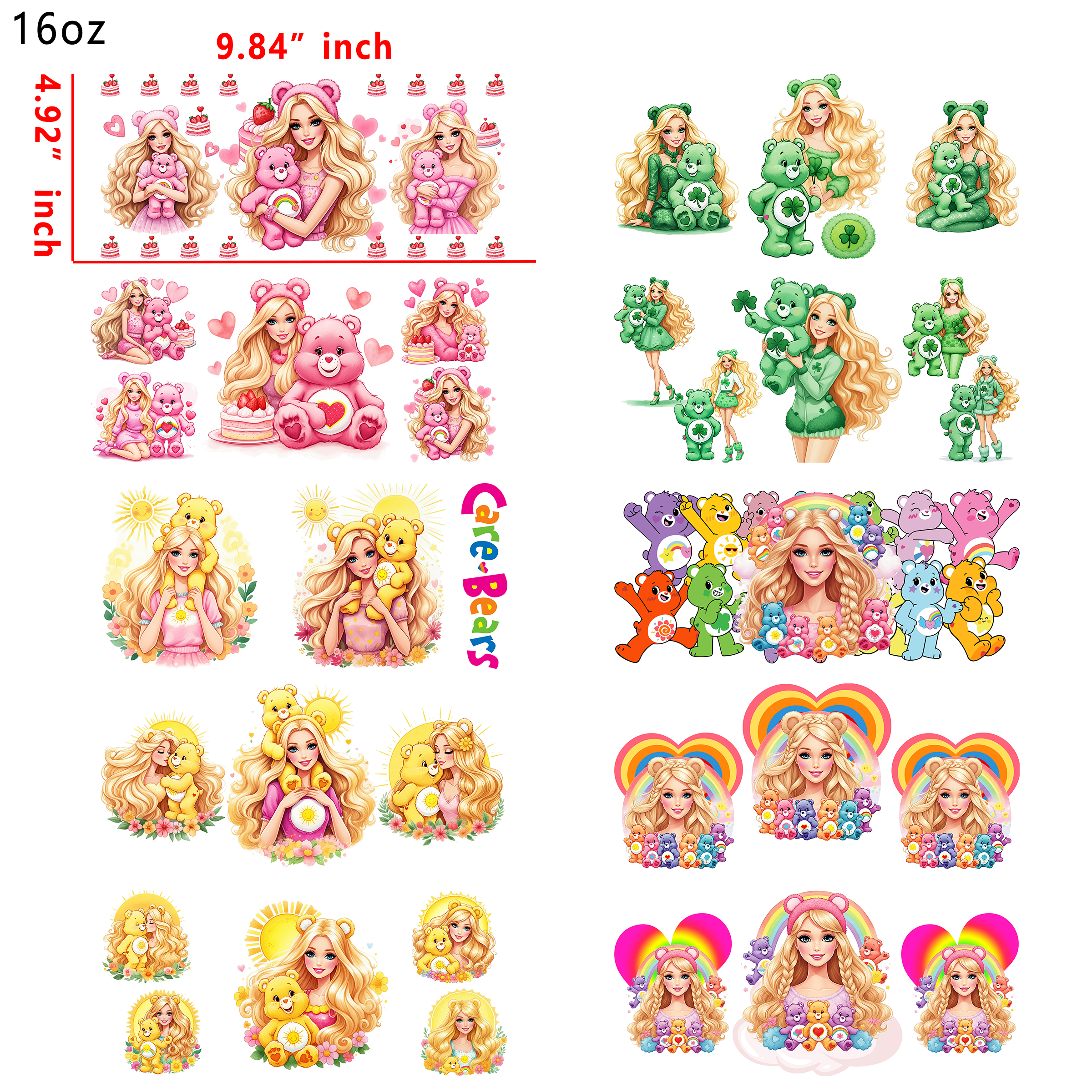 20 PCS Carebear Girls Cartoon UV DTF Cup wraps 16OZ tumbler water proof