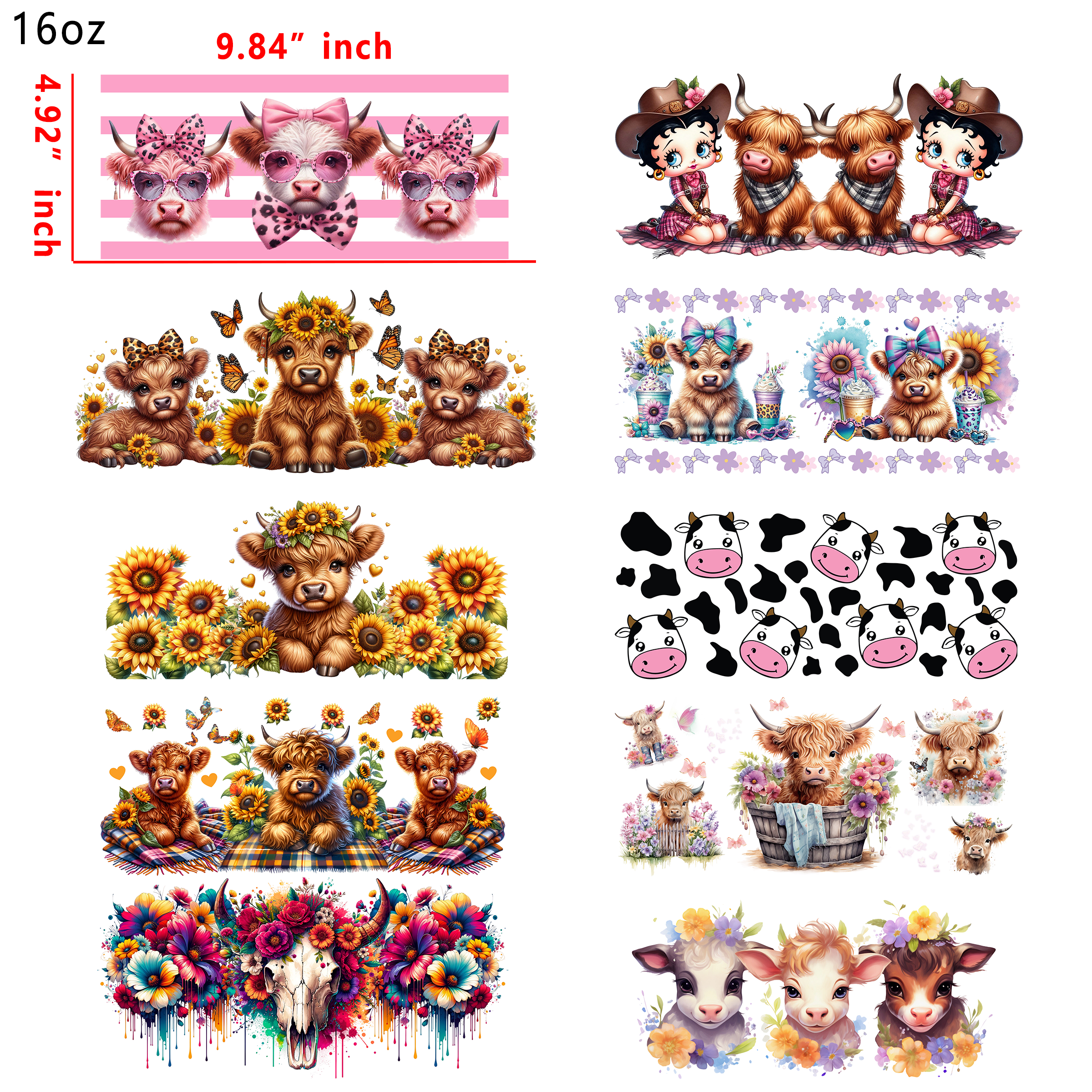 20 PCS Flower Cow Animal UV DTF Cup wraps 16OZ tumbler water proof