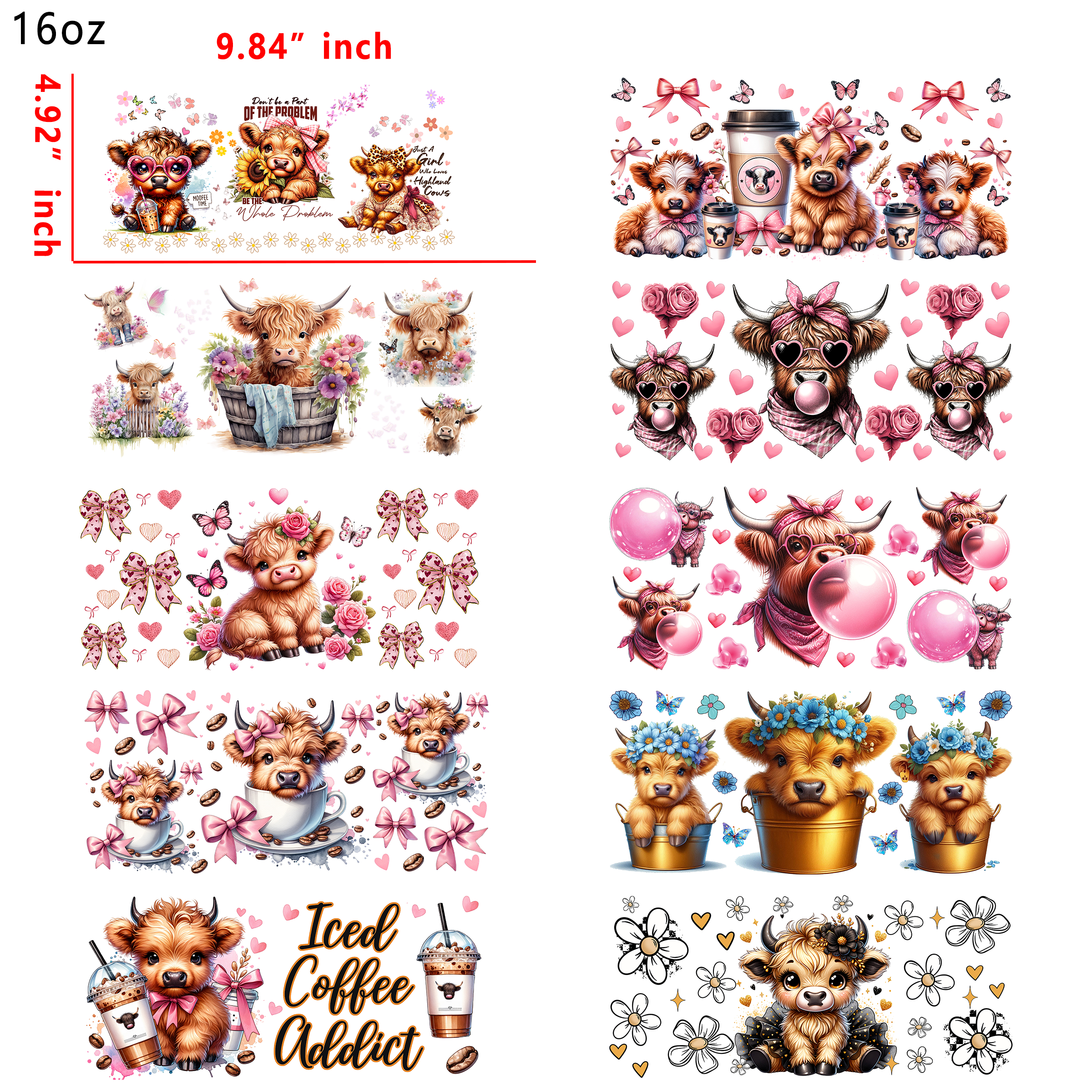 20 PCS Cute Cow Animal UV DTF Cup wraps 16OZ tumbler water proof