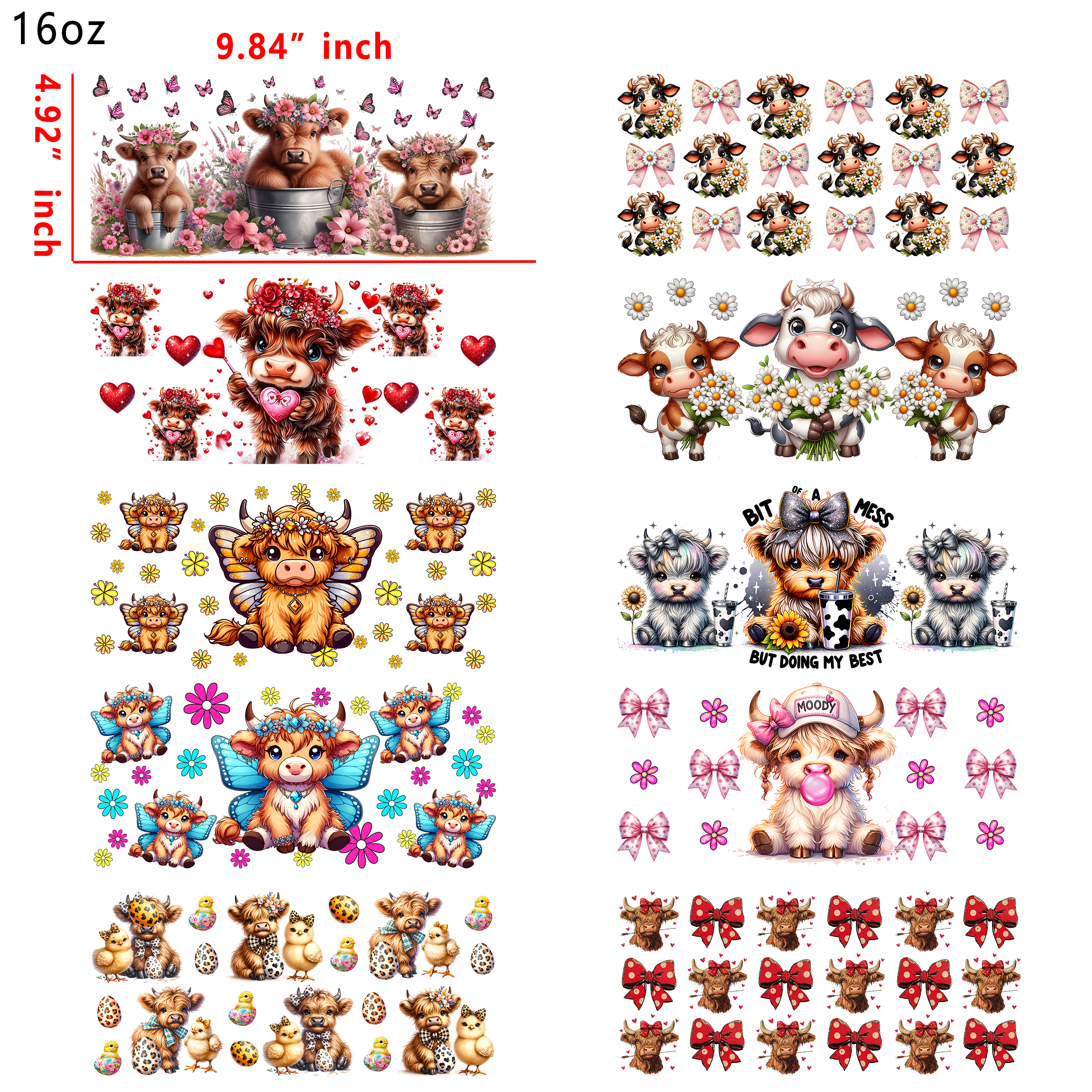20 PCS Cute Cow Animal UV DTF Cup wraps 16OZ tumbler water proof