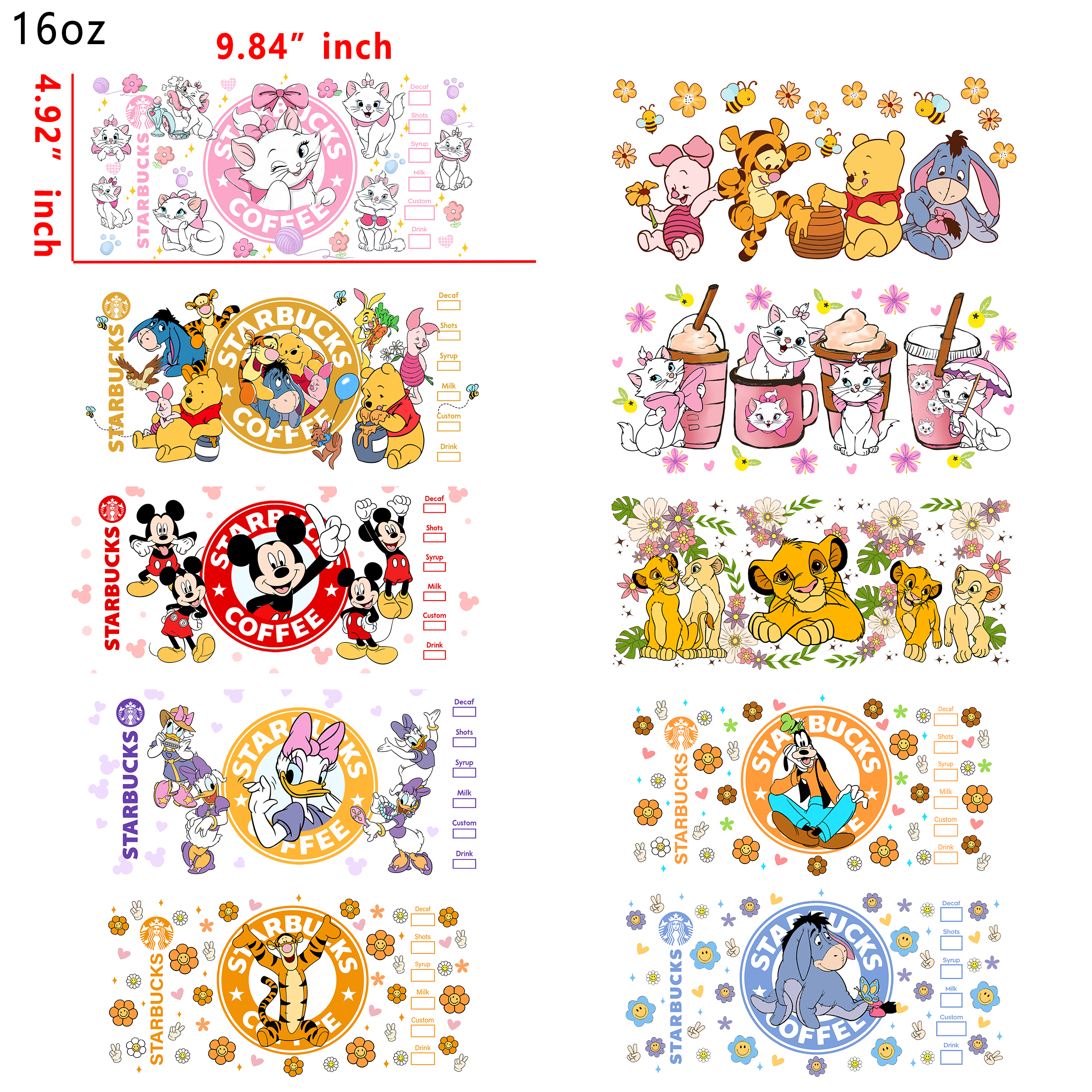20 PCS Disney Coffee mixed UV DTF Cup wraps 16OZ tumbler water proof