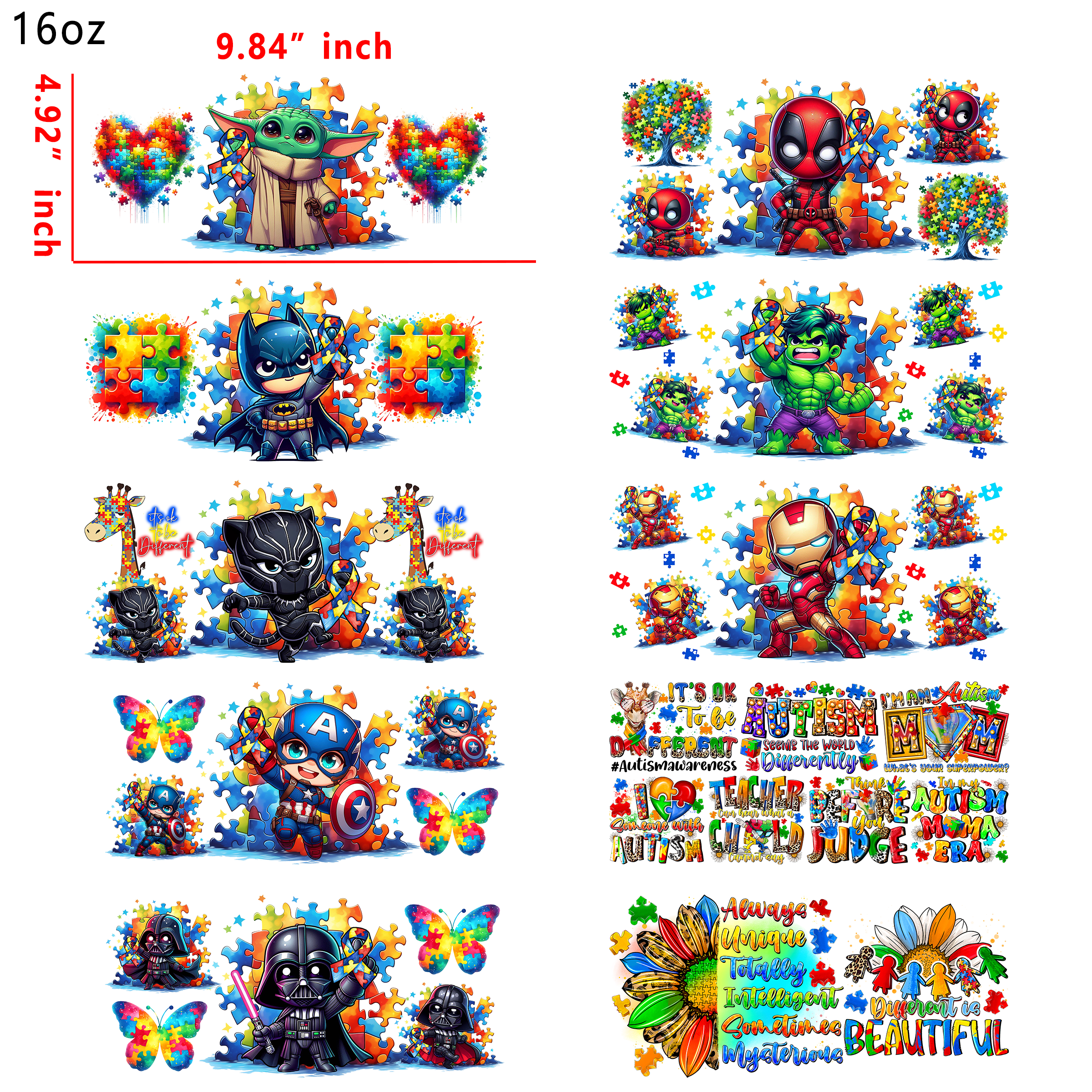 20 PCS Autism Awareness Hero UV DTF Cup wraps 16OZ tumbler water proof