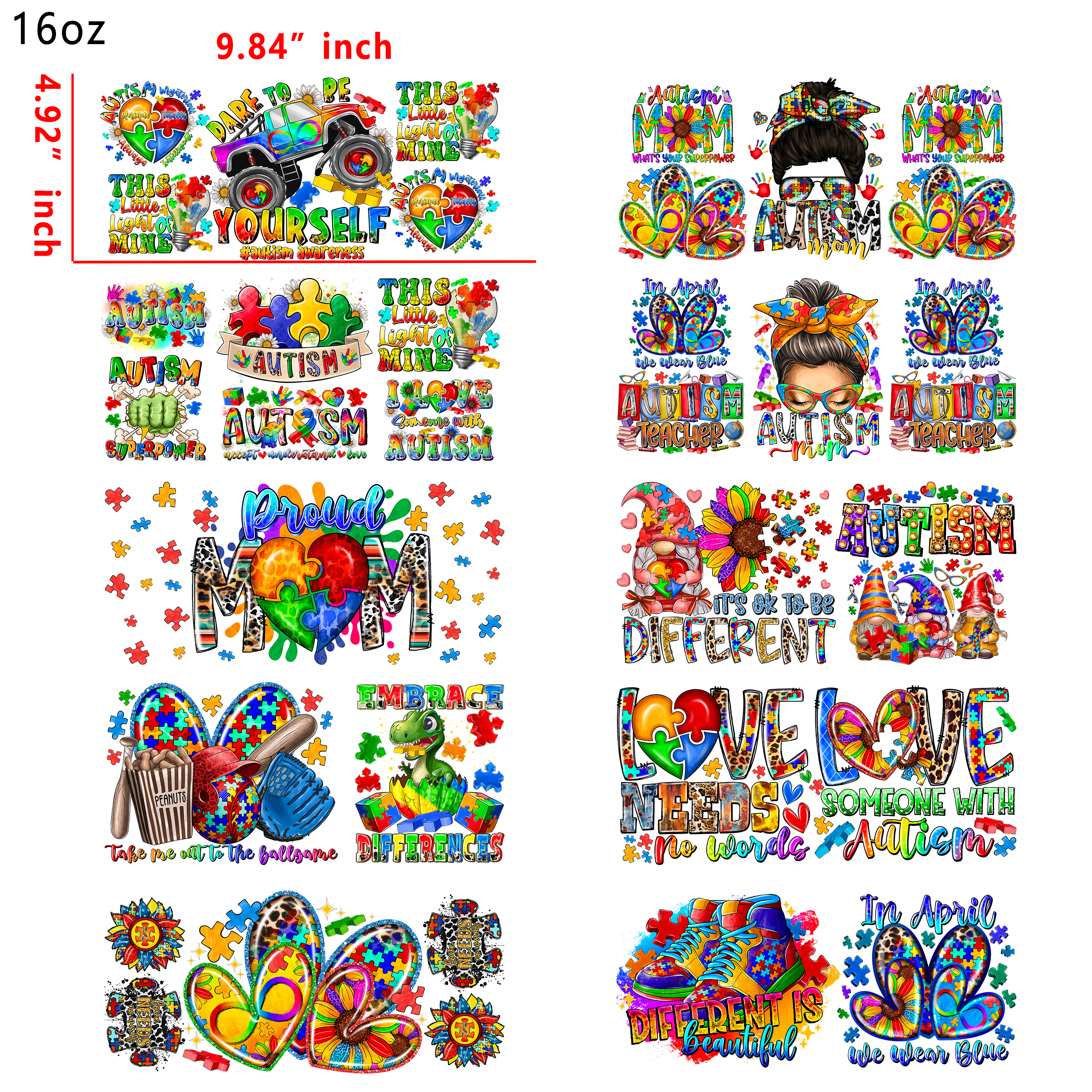 20 PCS Autism Awareness Hero UV DTF Cup wraps 16OZ tumbler water proof