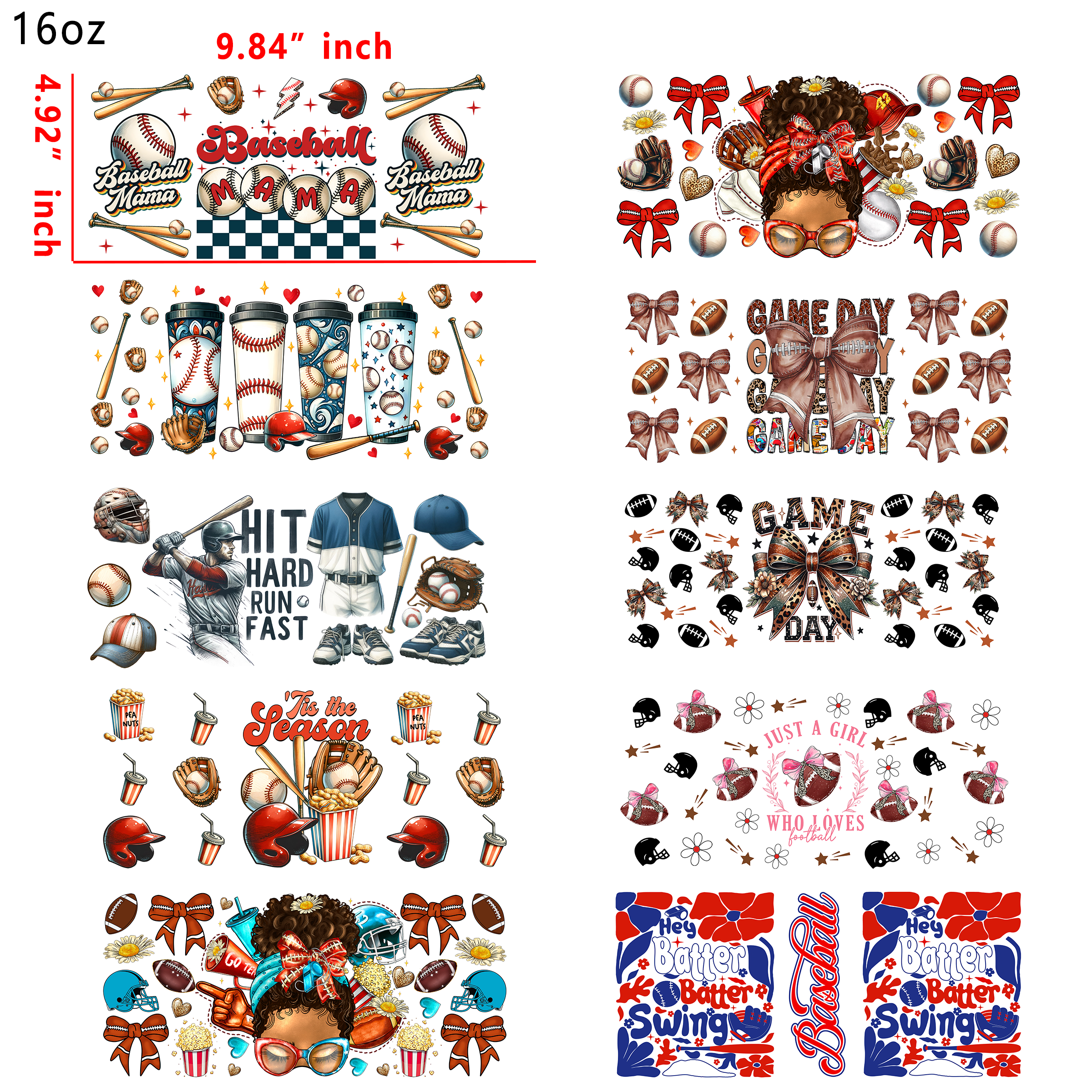 20 PCS Baseball Mama Sports UV DTF Cup wraps 16OZ tumbler water proof