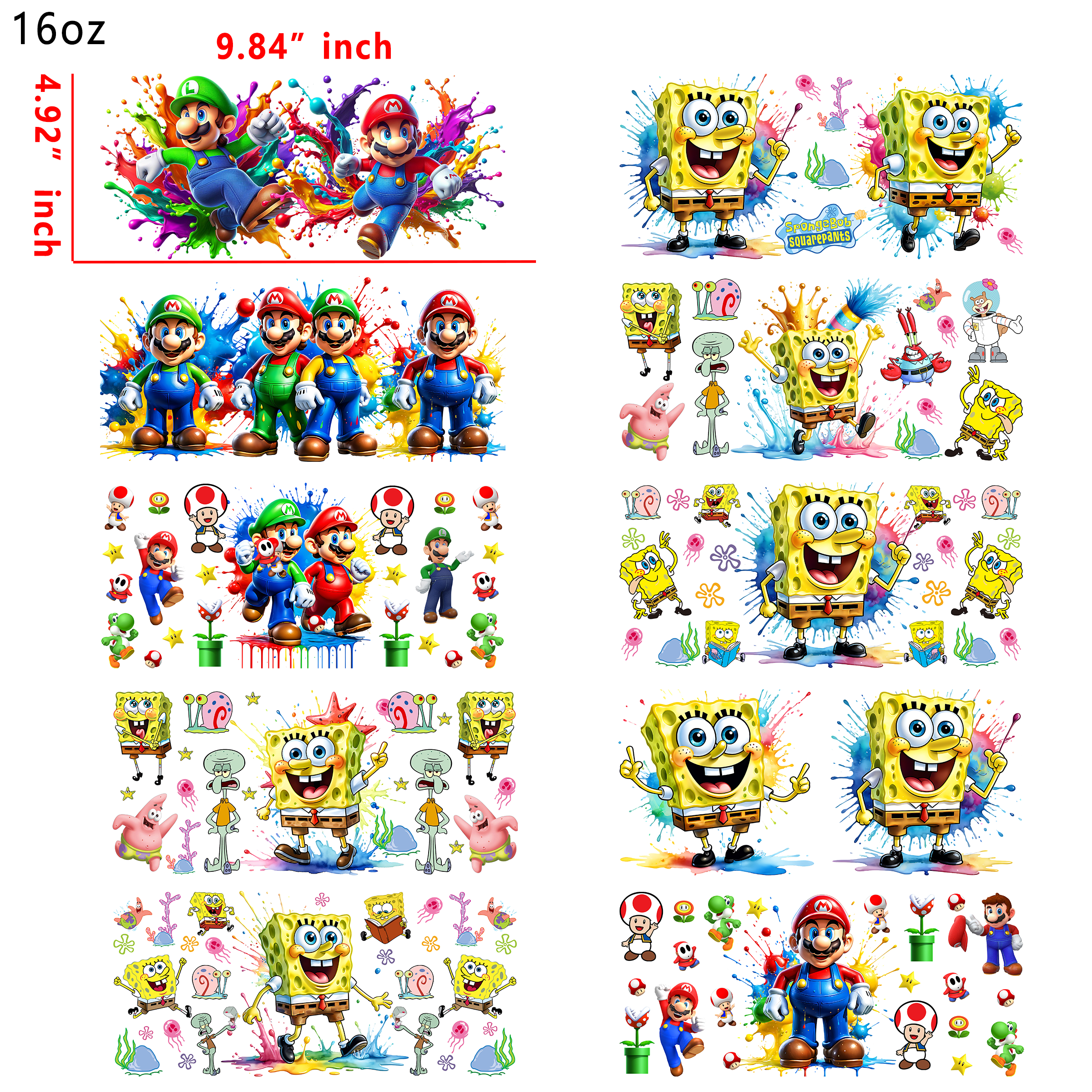 20 PCS Sponge Bob Mario Minions UV DTF Cup wraps 16OZ tumbler water proof