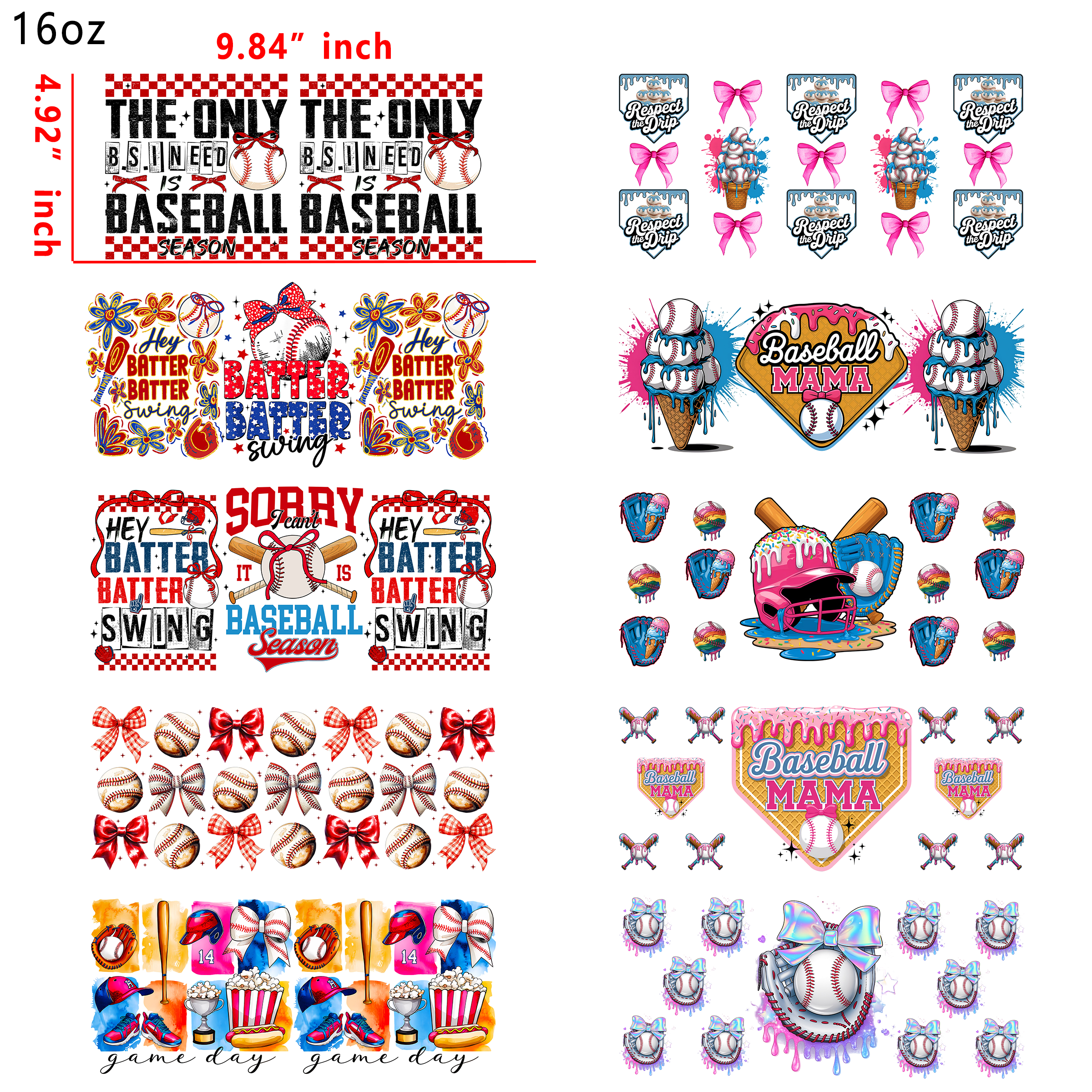 20 PCS Baseball Mama Sports UV DTF Cup wraps 16OZ tumbler water proof