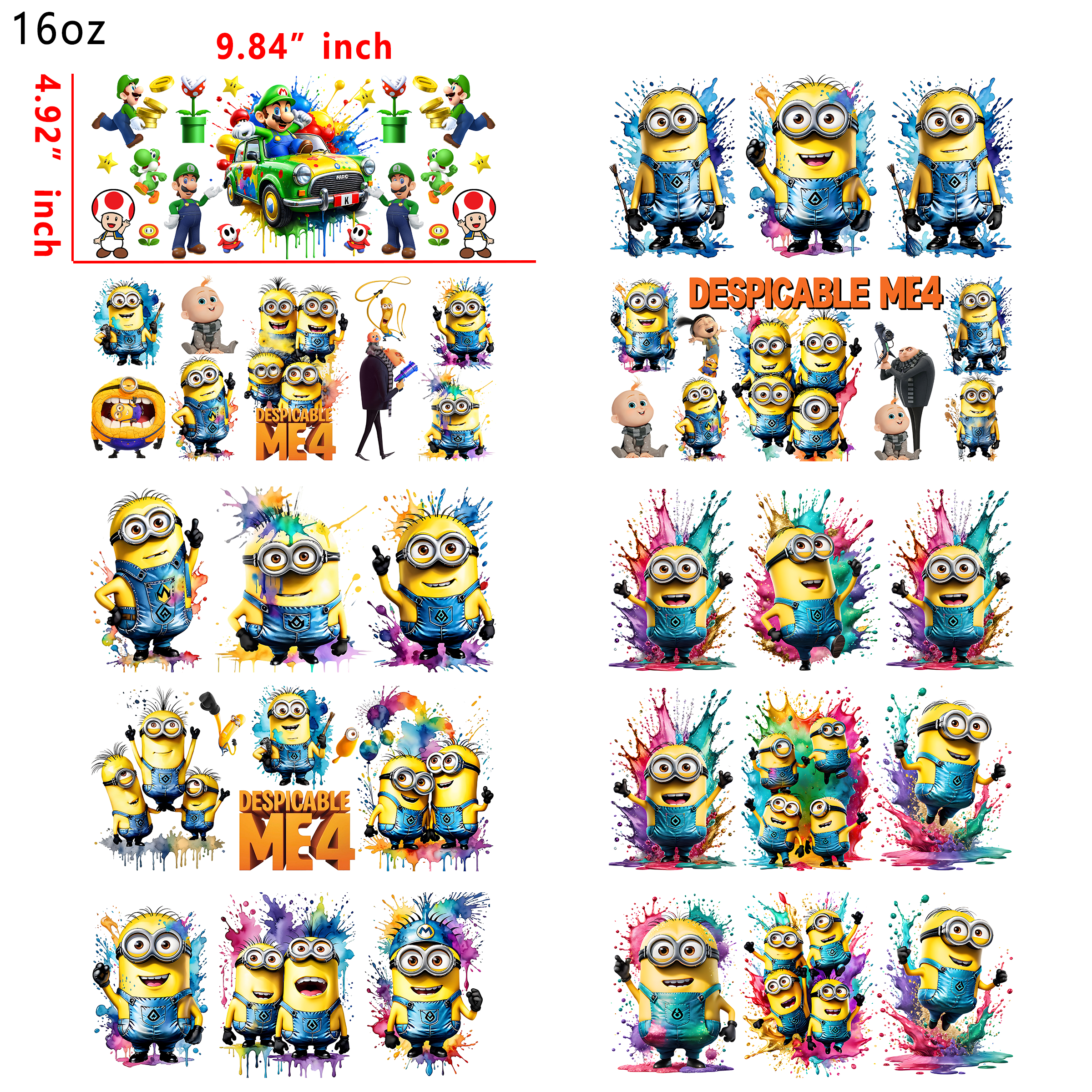 20 PCS Sponge Bob Mario Minions UV DTF Cup wraps 16OZ tumbler water proof