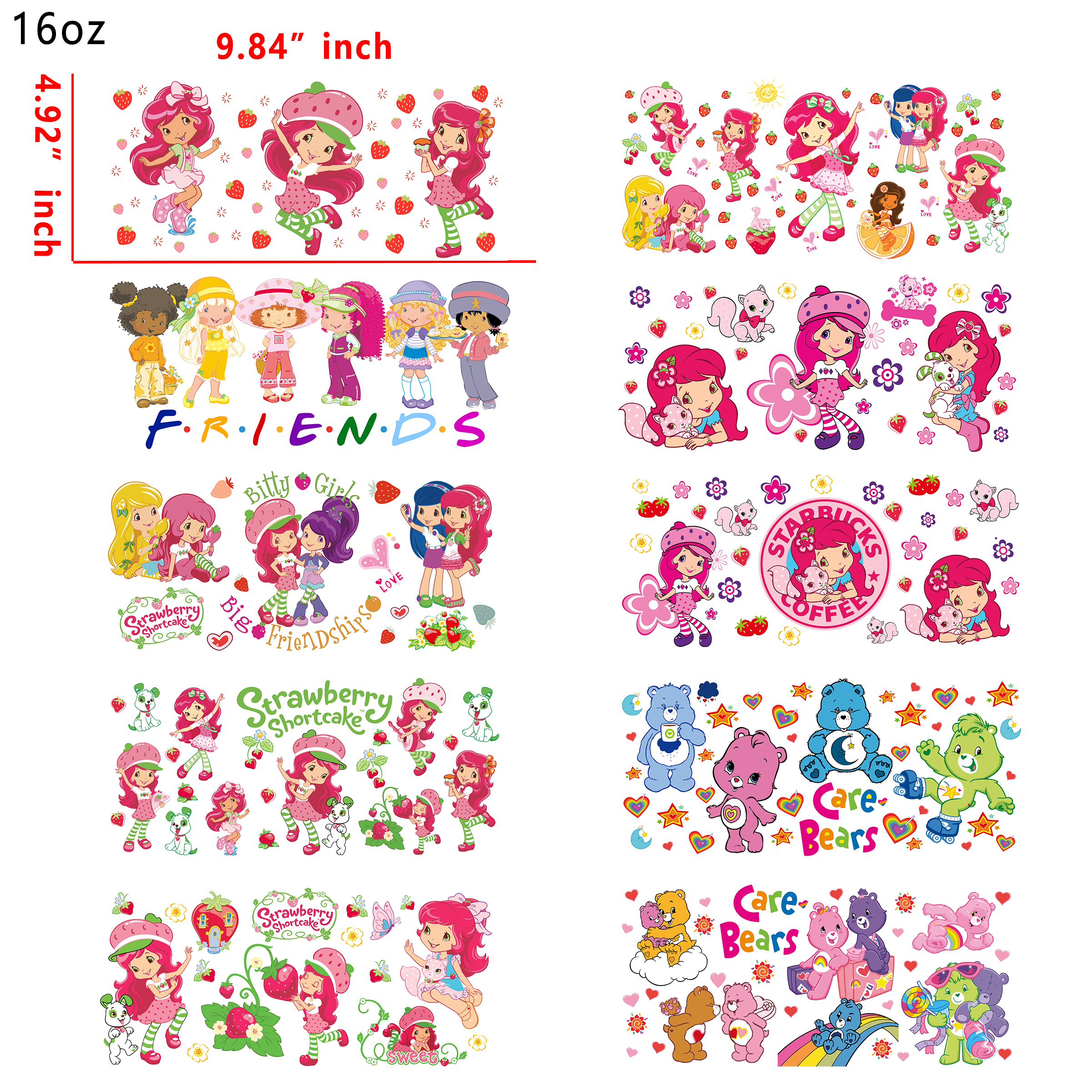 20 PCS Carebear Strawberry shorcake  UV DTF Cup wraps 16OZ tumbler water proof