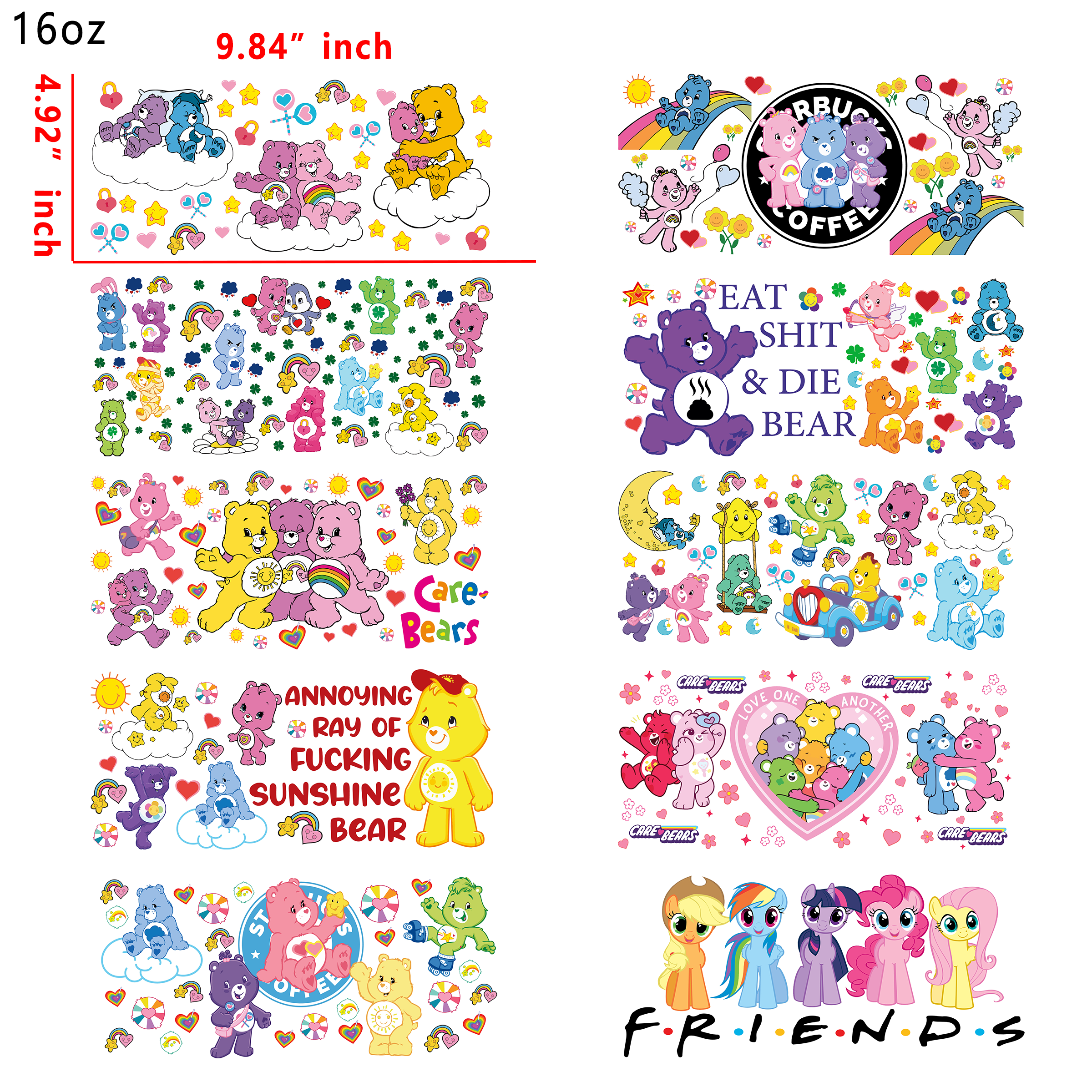 20 PCS Carebear Strawberry shorcake  UV DTF Cup wraps 16OZ tumbler water proof