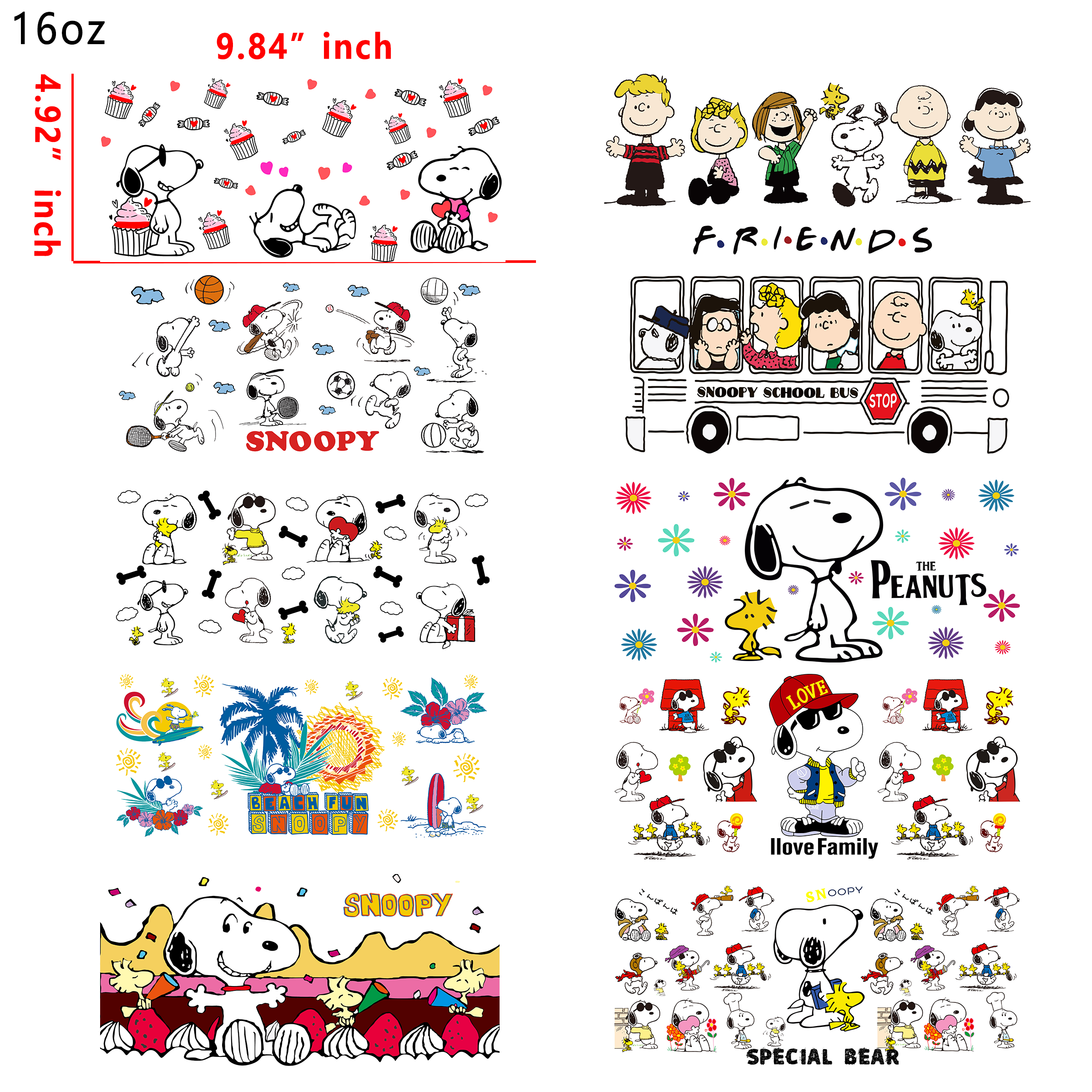20 PCS Snoopy Cartoon UV DTF Cup wraps 16OZ tumbler water proof