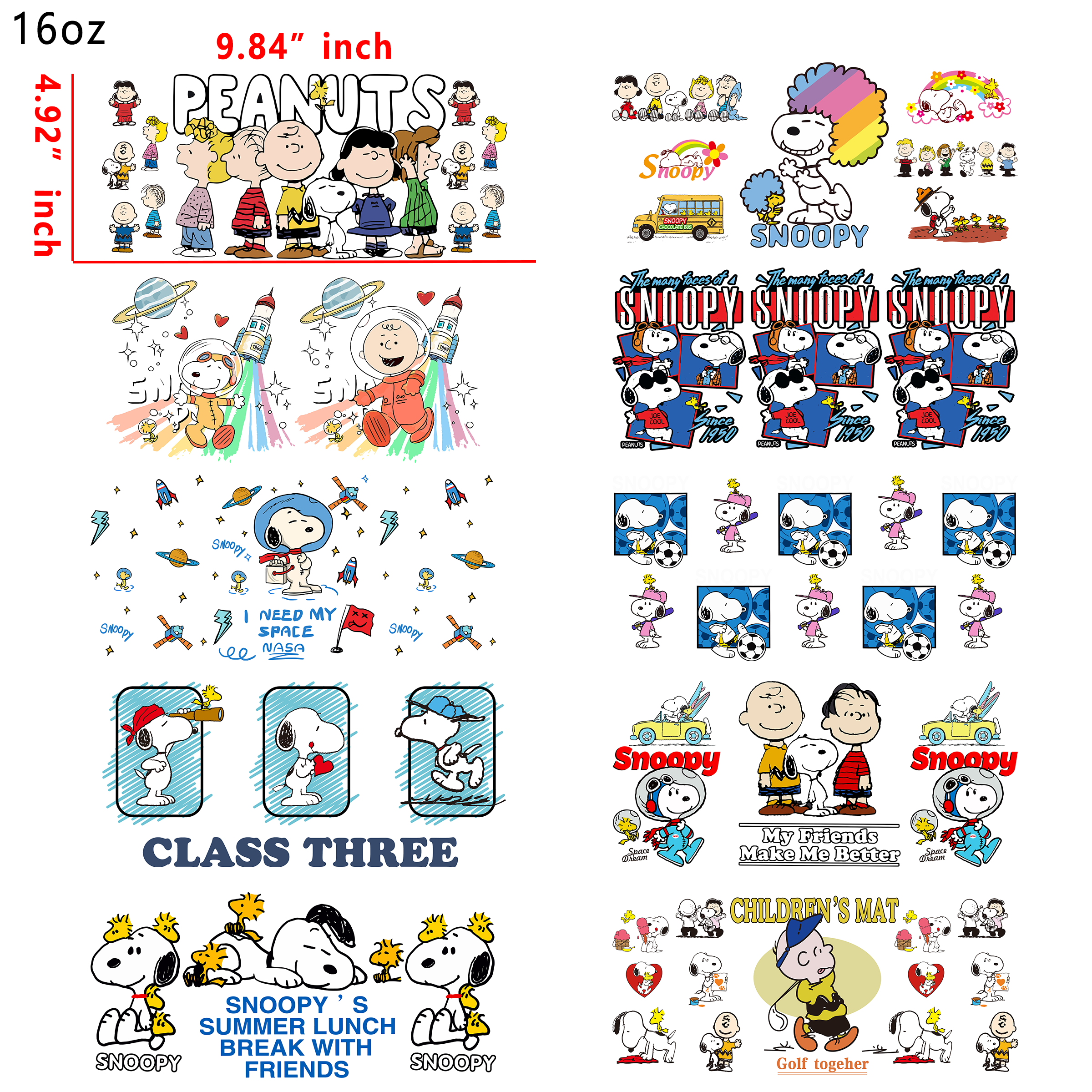 20 PCS Snoopy Cartoon UV DTF Cup wraps 16OZ tumbler water proof