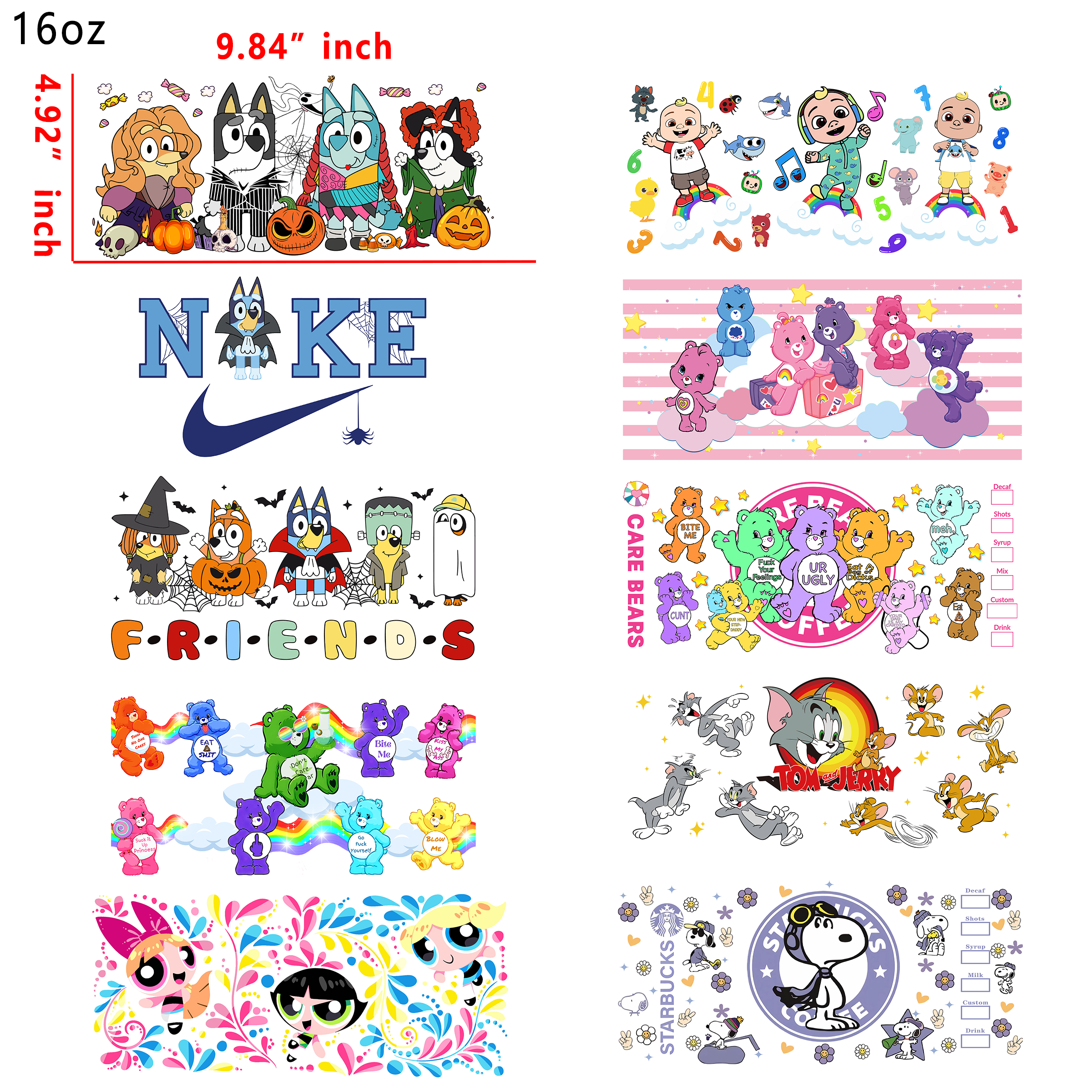 (U10) 20 PCS 90s cartoon DTF Cup wraps 16OZ tumbler water proof