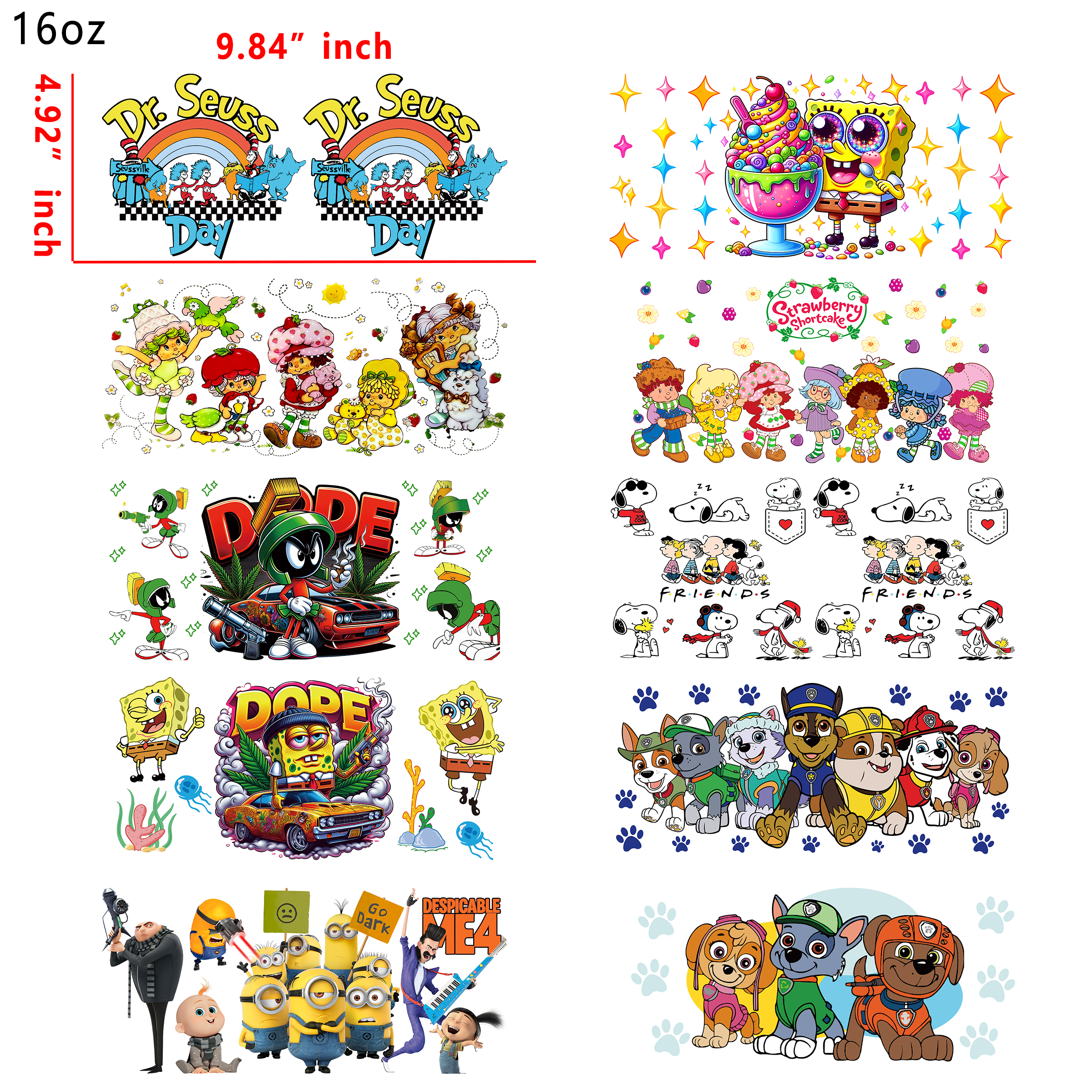 (U10) 20 PCS 90s cartoon DTF Cup wraps 16OZ tumbler water proof