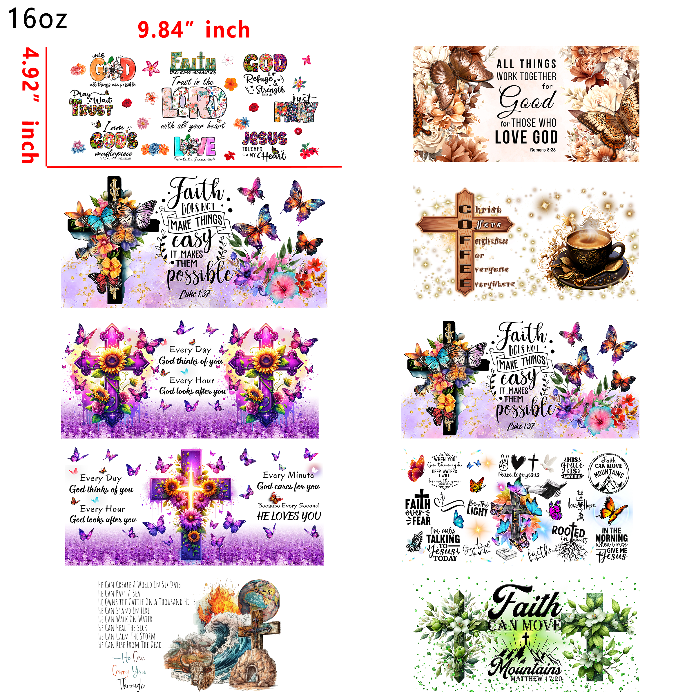 (X9) 20 PCS Christian Faith DTF Cup wraps 16OZ tumbler water proof