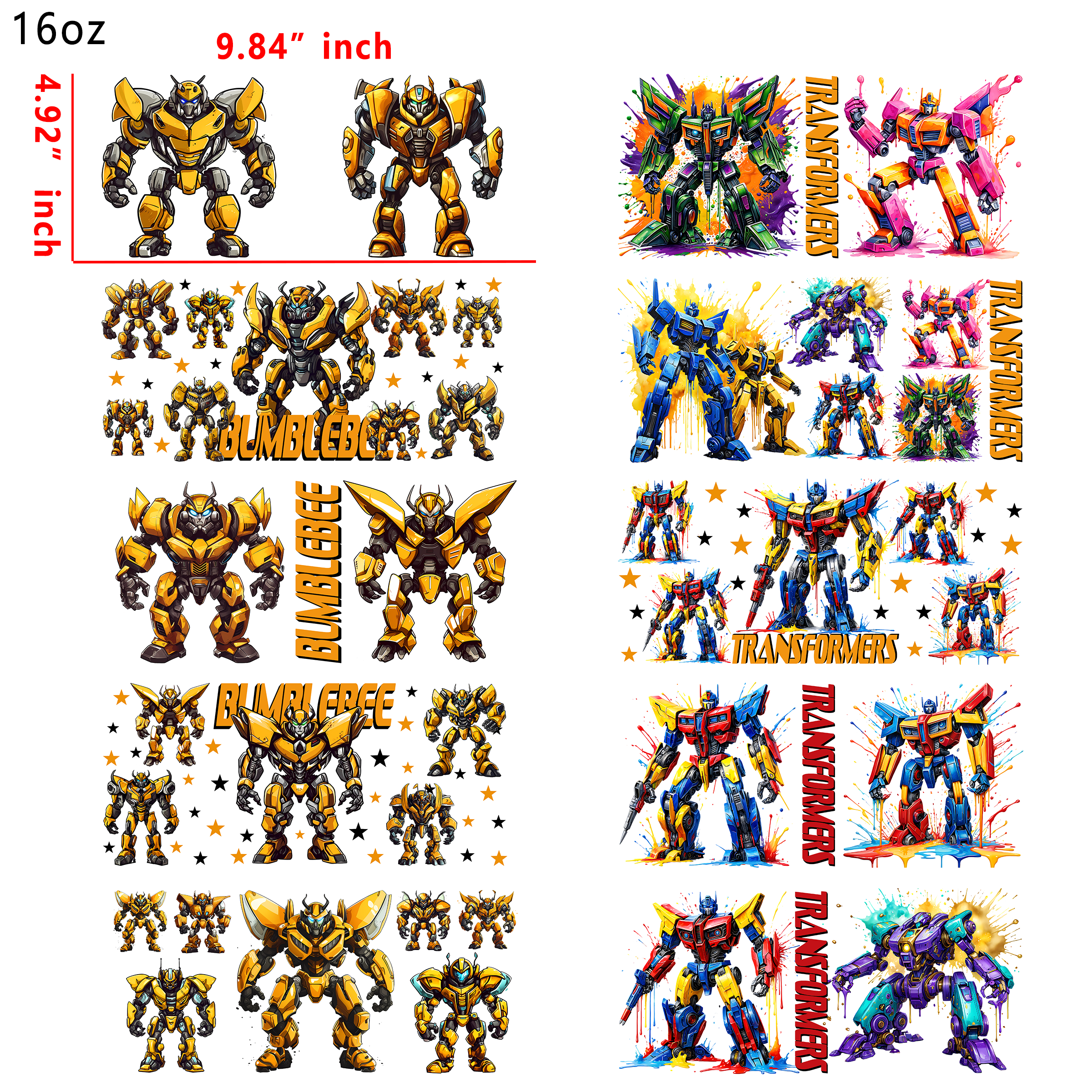 10 PCS Transformers DTF Cup wraps 16OZ tumbler water proof