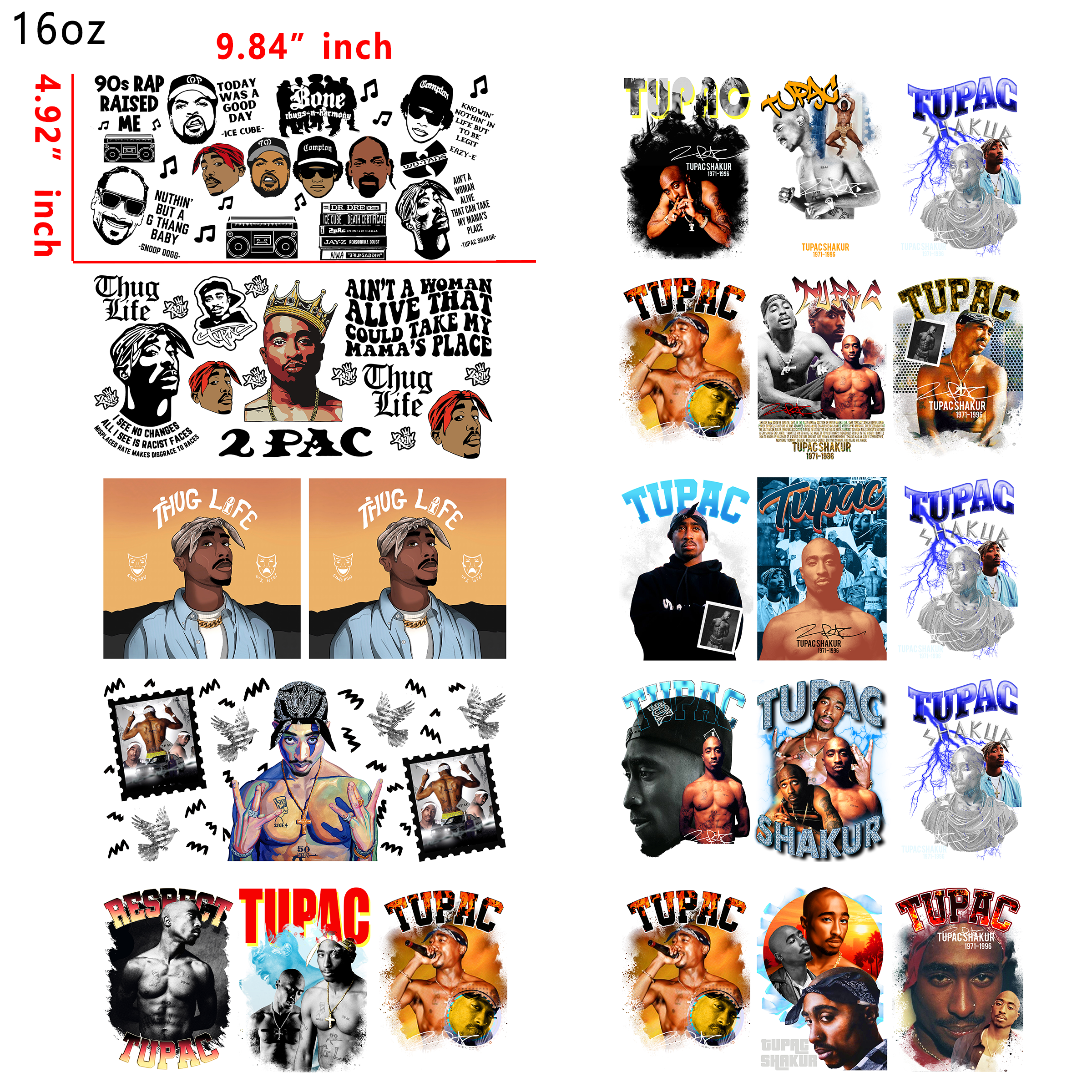 10 PCS 2pac Artist DTF Cup wraps 16OZ tumbler water proof