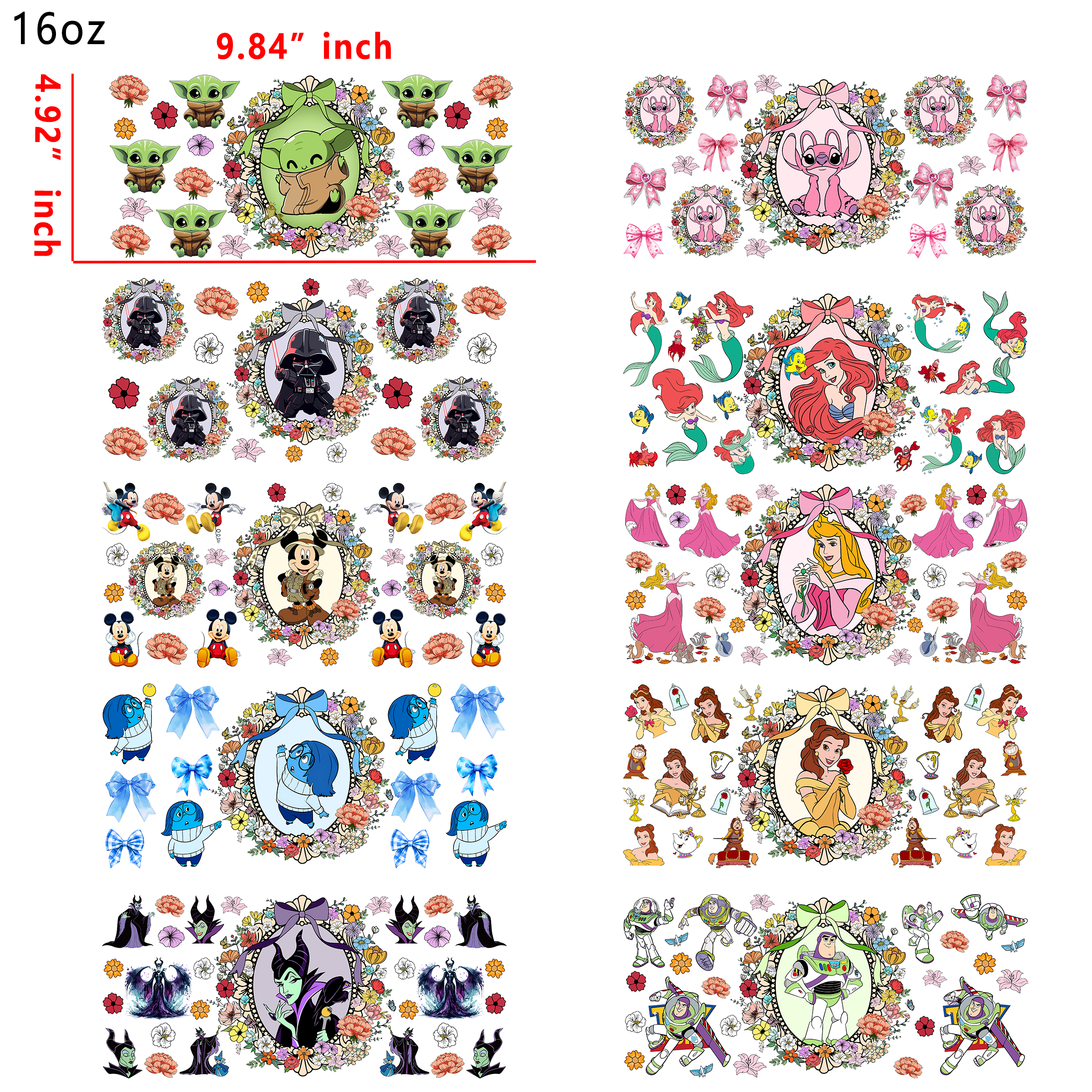 20 PCS Disney princess Mirror DTF Cup wraps 16OZ tumbler water proof