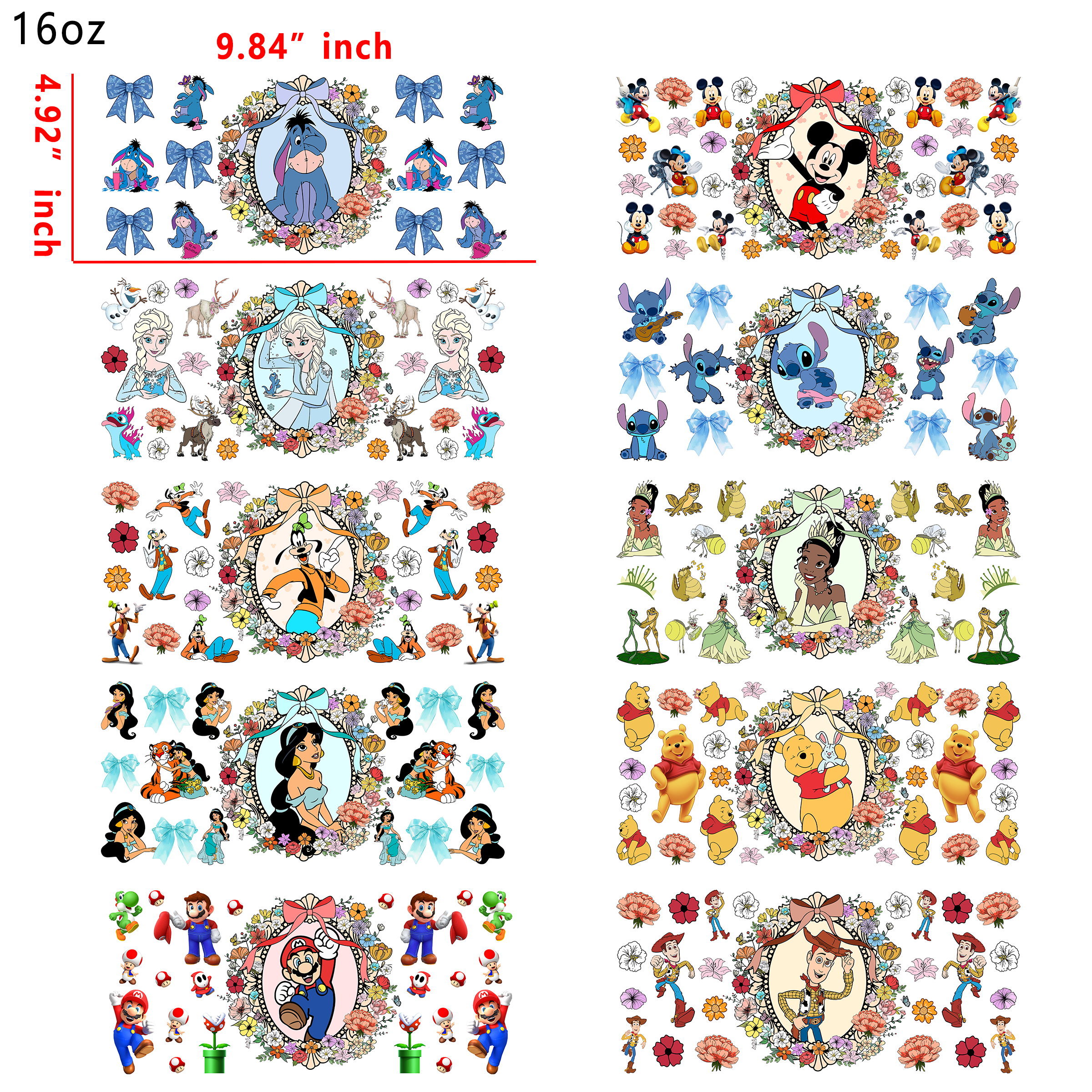 20 PCS Disney princess Mirror DTF Cup wraps 16OZ tumbler water proof