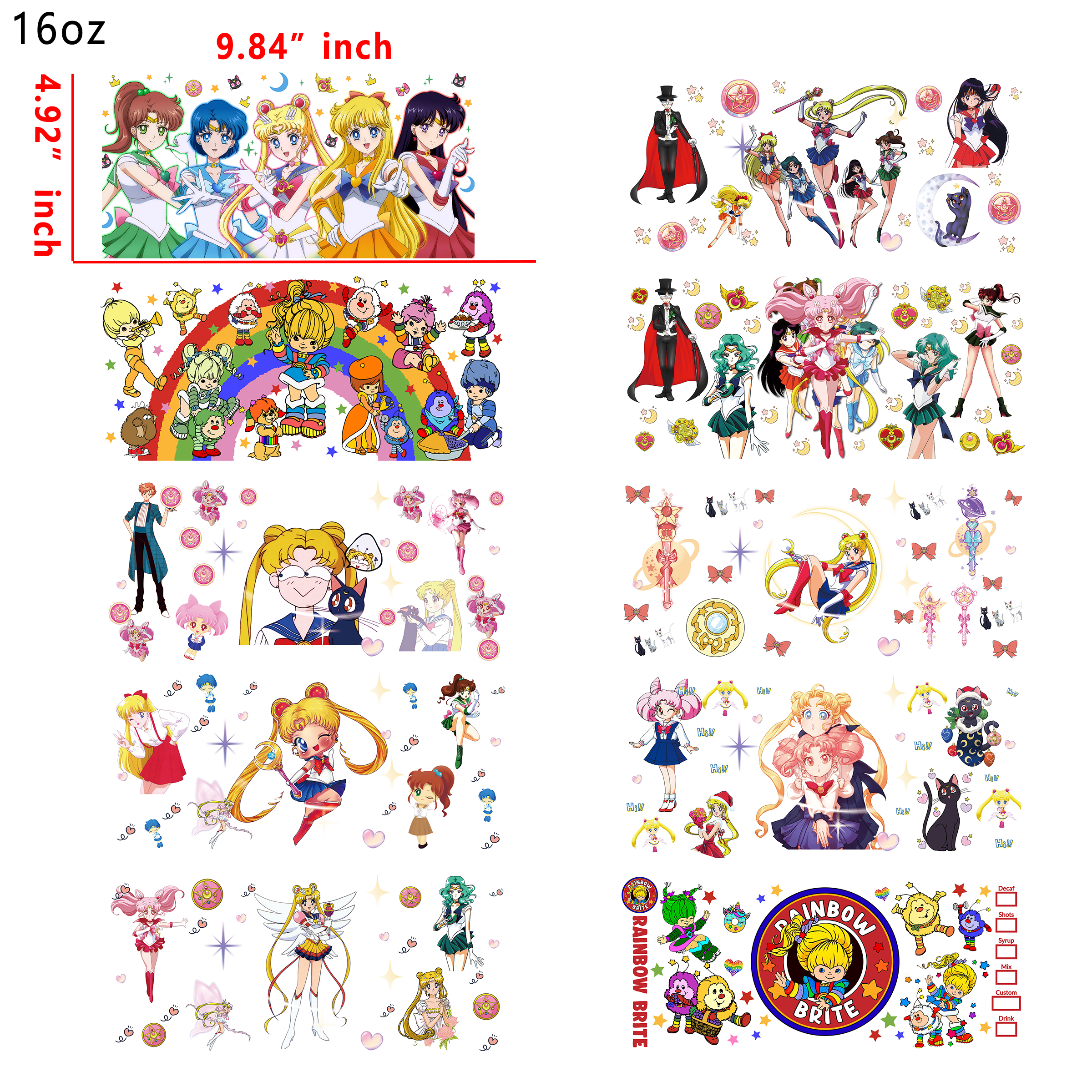 20 PCS Sailor Moon Rainbow brite DTF Cup wraps 16OZ tumbler water proof