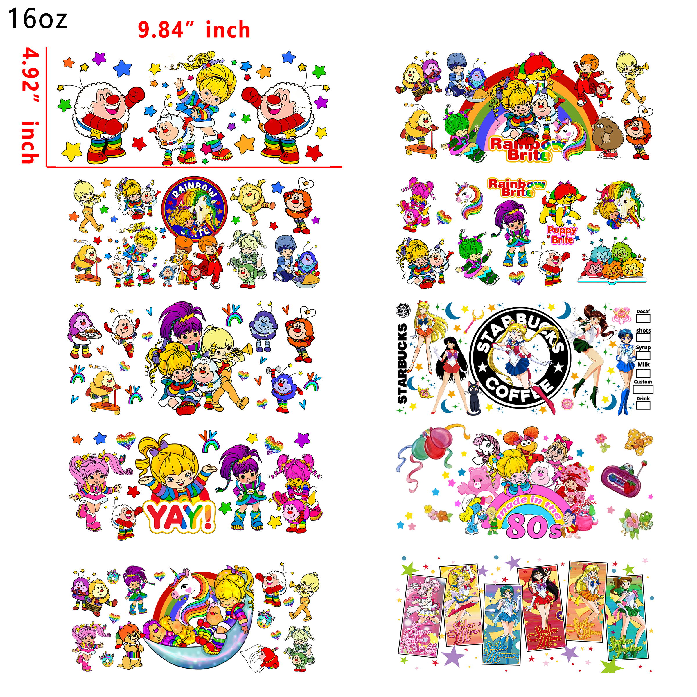 20 PCS Sailor Moon Rainbow brite DTF Cup wraps 16OZ tumbler water proof
