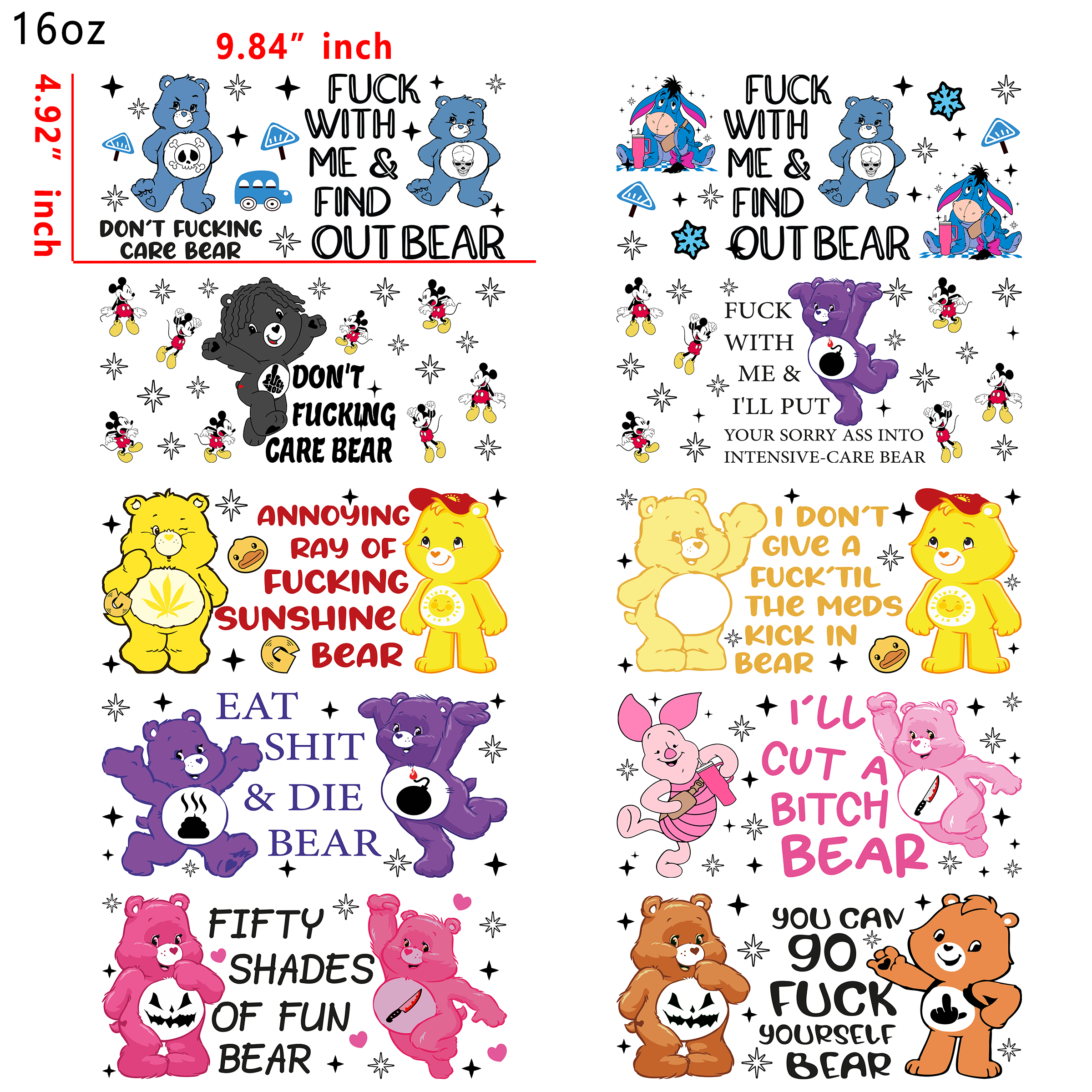 20 PCS Bad Carebear DTF Cup wraps 16OZ tumbler water proof