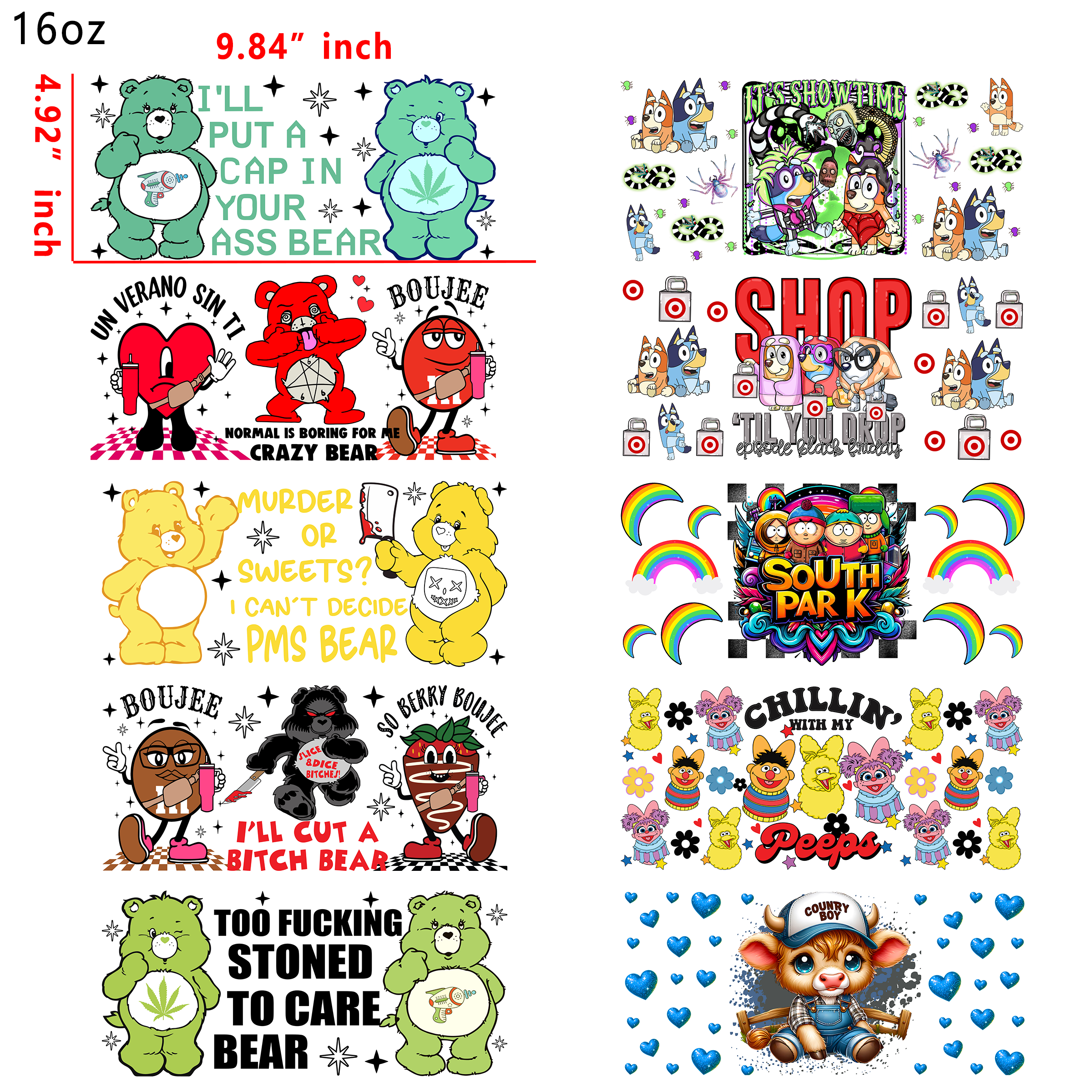 20 PCS Bad Carebear DTF Cup wraps 16OZ tumbler water proof