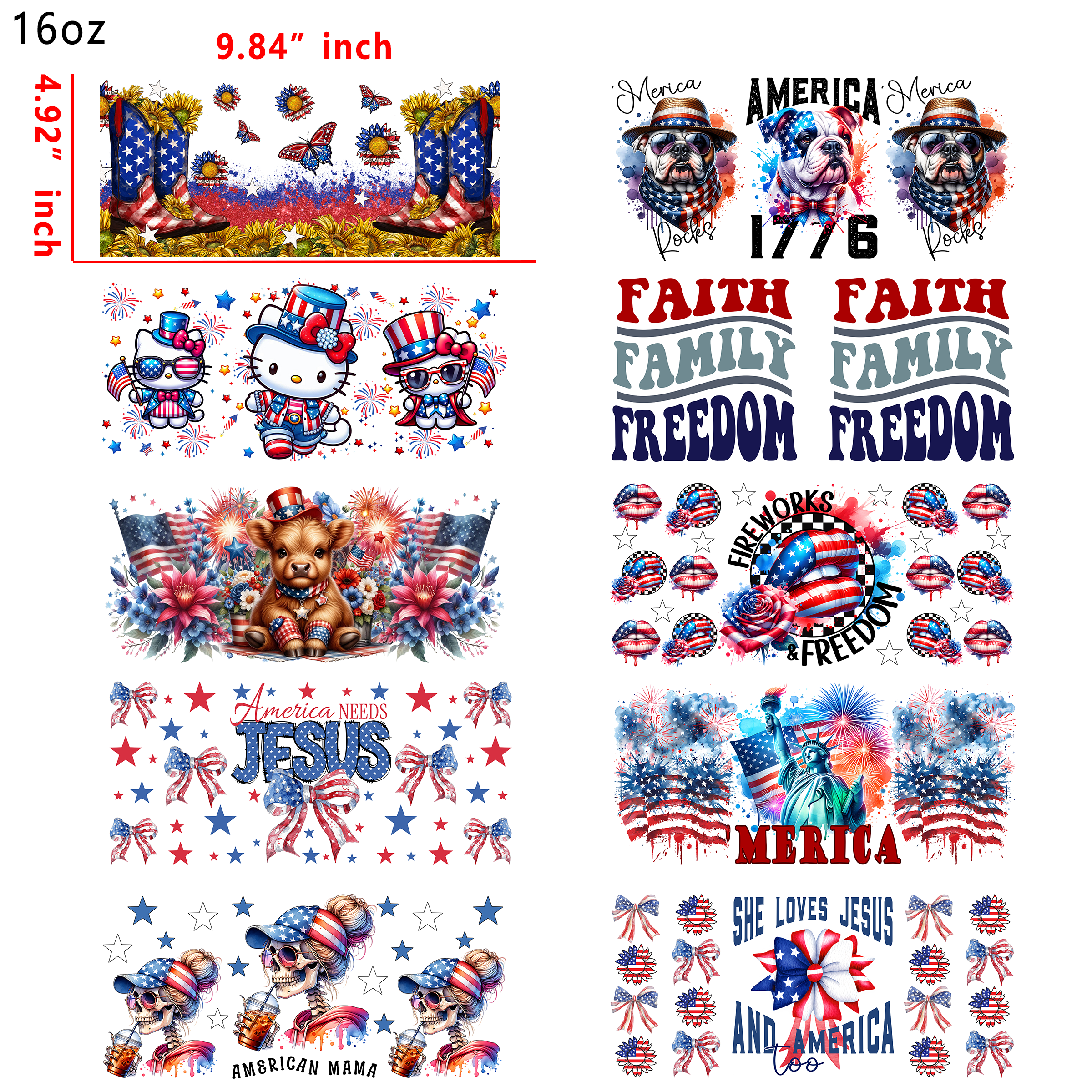 20 PCS 4th of July DTF Cup wraps 16OZ tumbler water proof