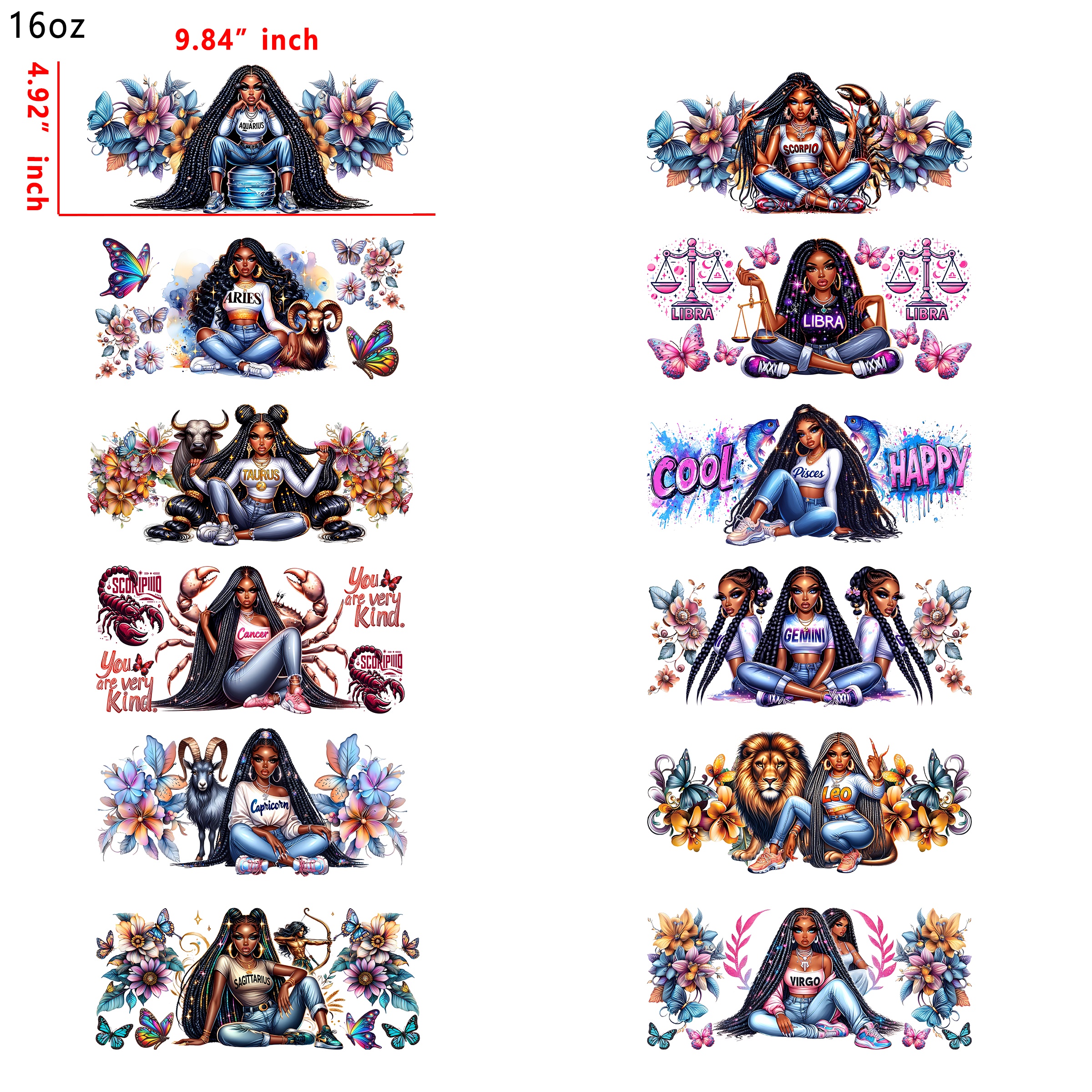 12 PCS Zodiac Black Girls DTF Cup wraps 16OZ tumbler water proof