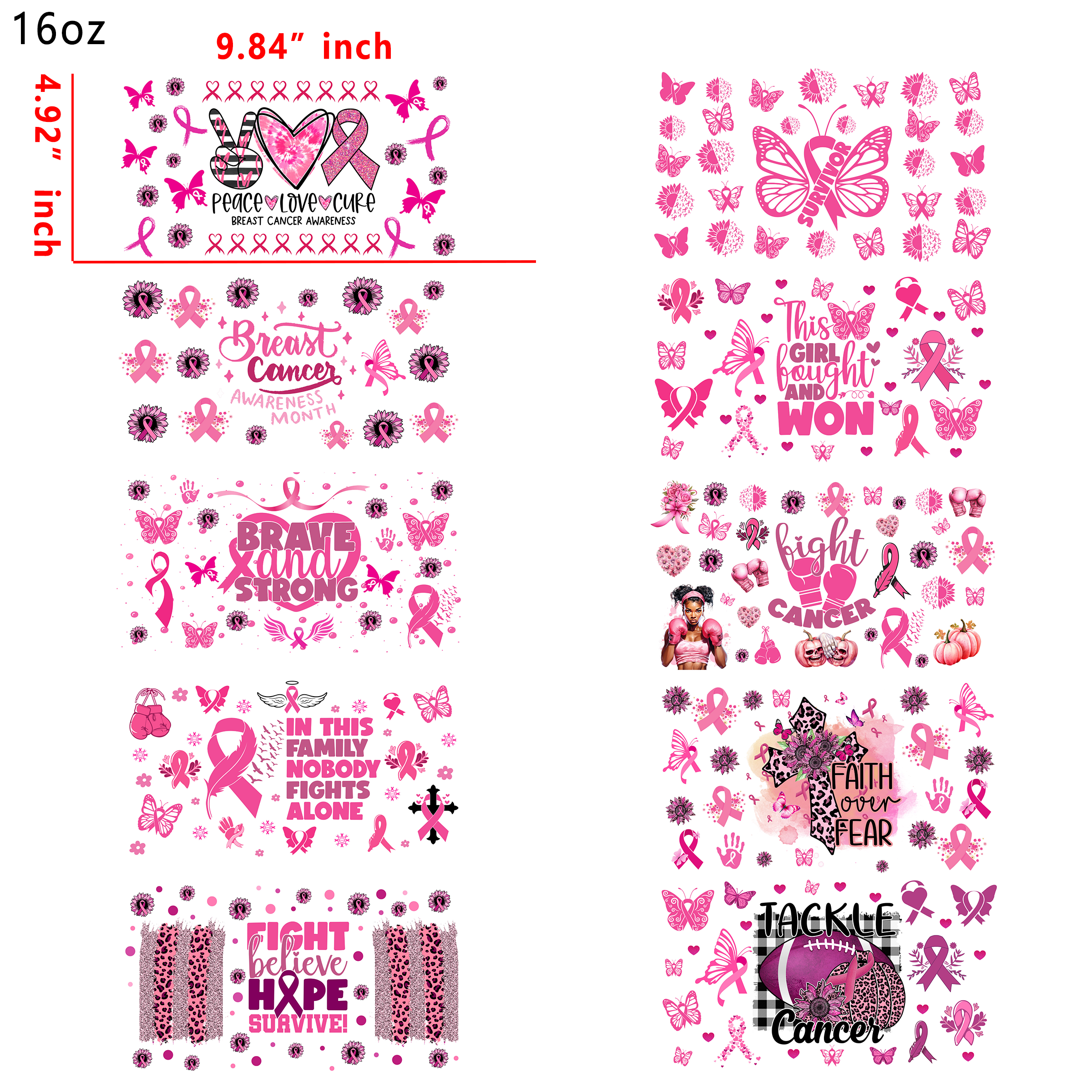 20 PCS Autism Cancer Awareness DTF Cup wraps 16OZ tumbler water proof