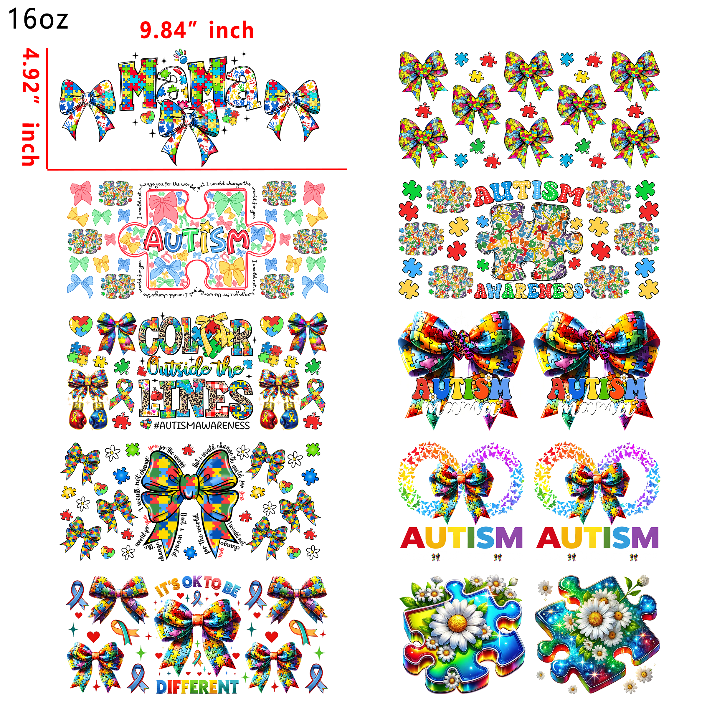 20 PCS Autism Cancer Awareness DTF Cup wraps 16OZ tumbler water proof